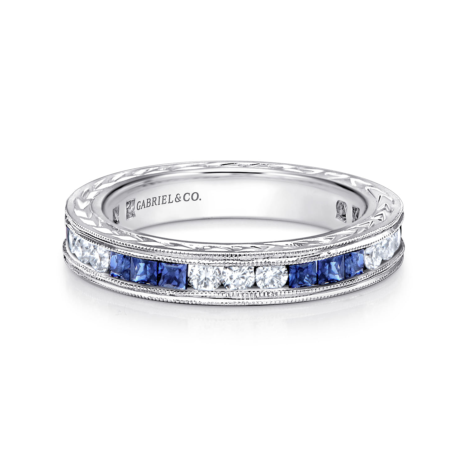 Princess Sapphire and Round Diamond Stackable Ring in 14K White Gold