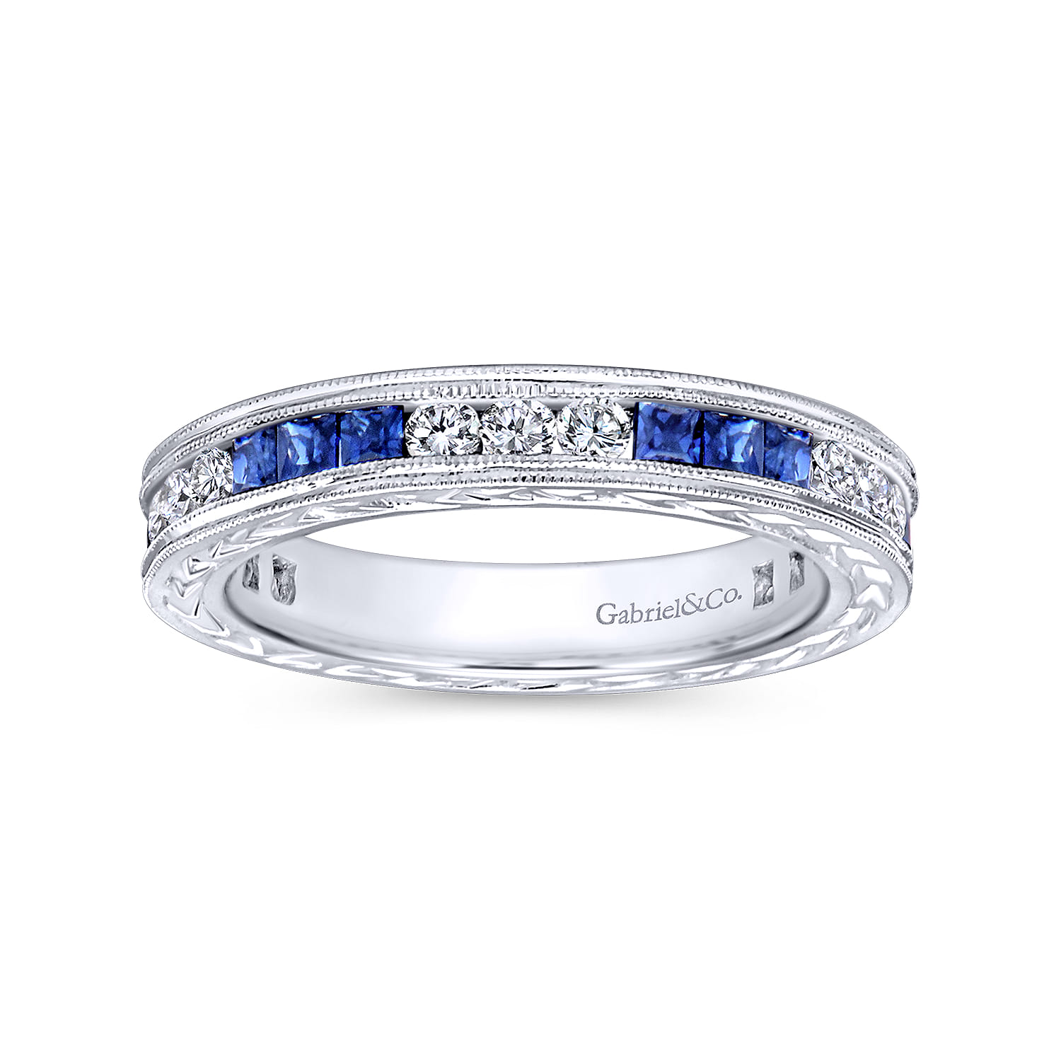 Princess Sapphire and Round Diamond Stackable Ring in 14K White Gold, photograph 4