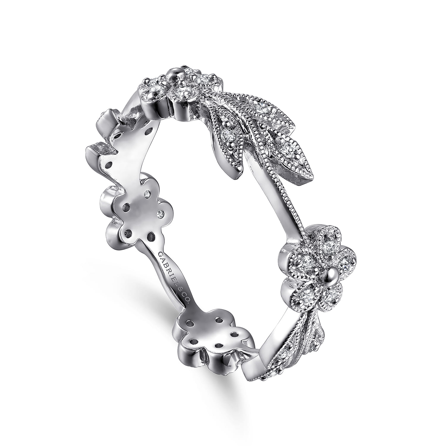 Diamond Floral Contoured Stackable Ring in 14K White Gold, photograph 3