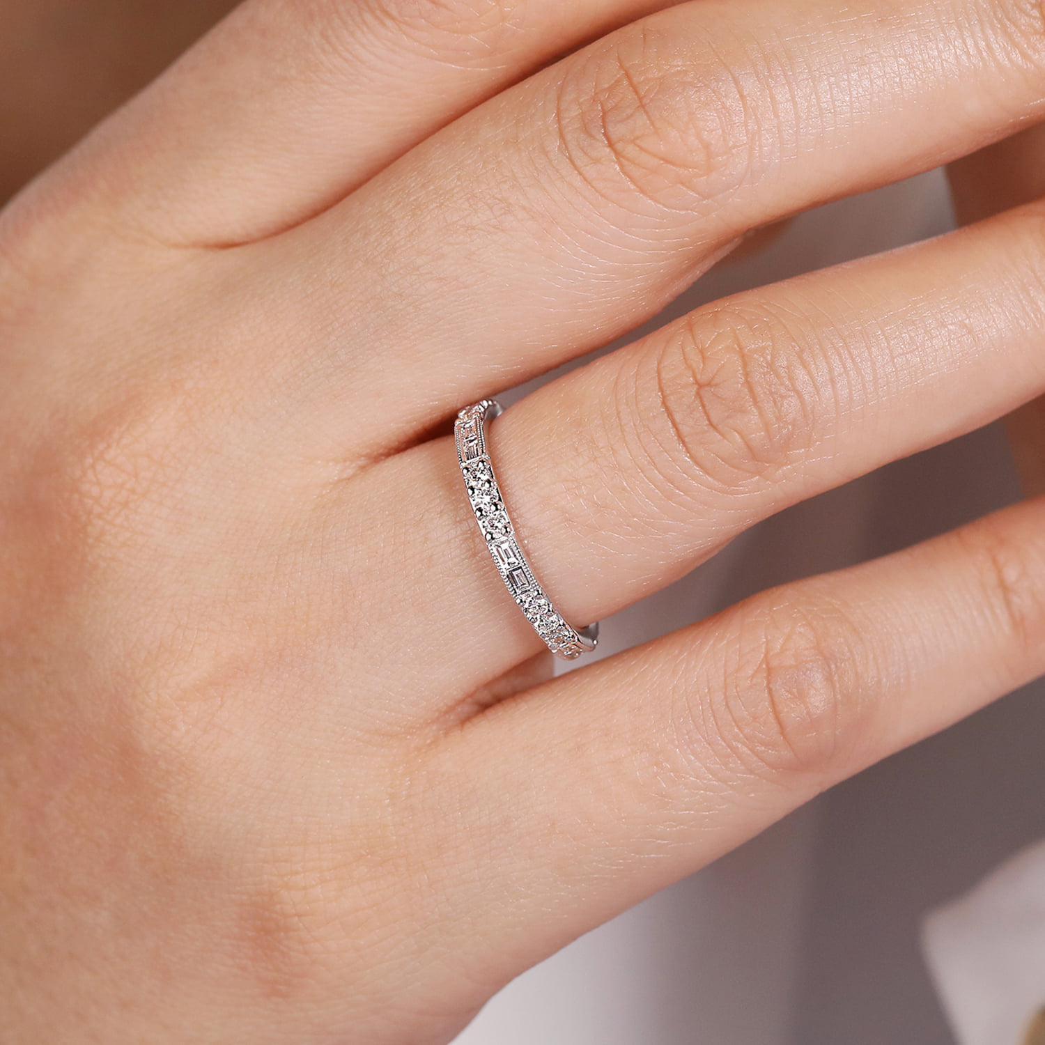 Baguette and Diamond Stackable Ring in 14K White Gold, photograph 5