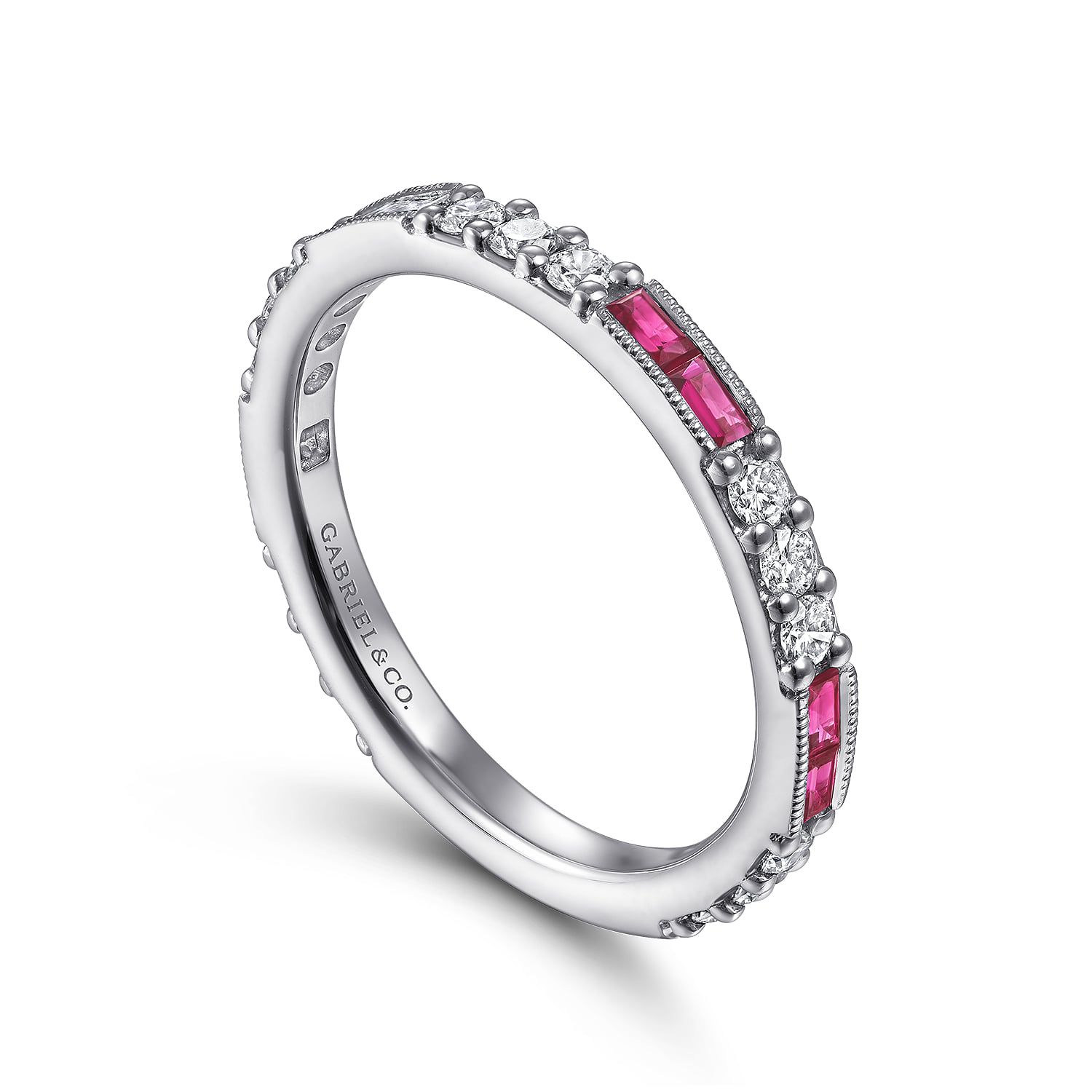 Ruby Baguette and Diamond Stackable Ring in 14K White Gold, photograph 3
