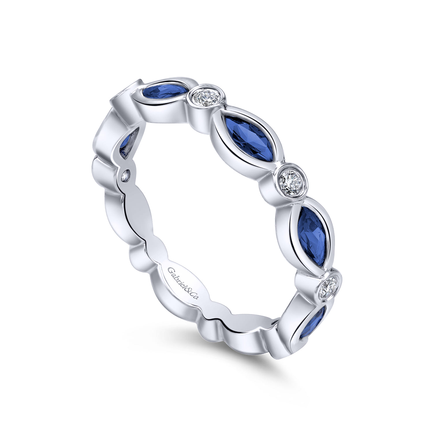 Marquise Sapphire and Round Diamond Stackable Ring in 14K White Gold, photograph 3