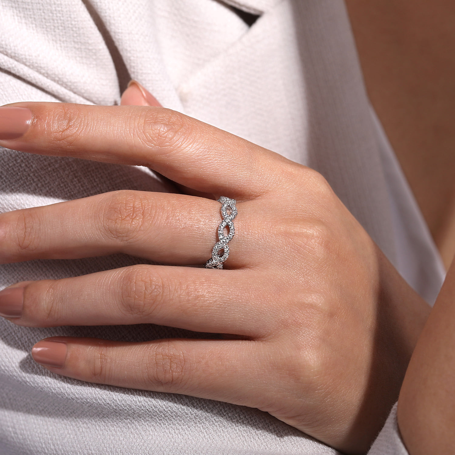 Open Twisted Diamond Stackable Ring in 14K White Gold, photograph 5