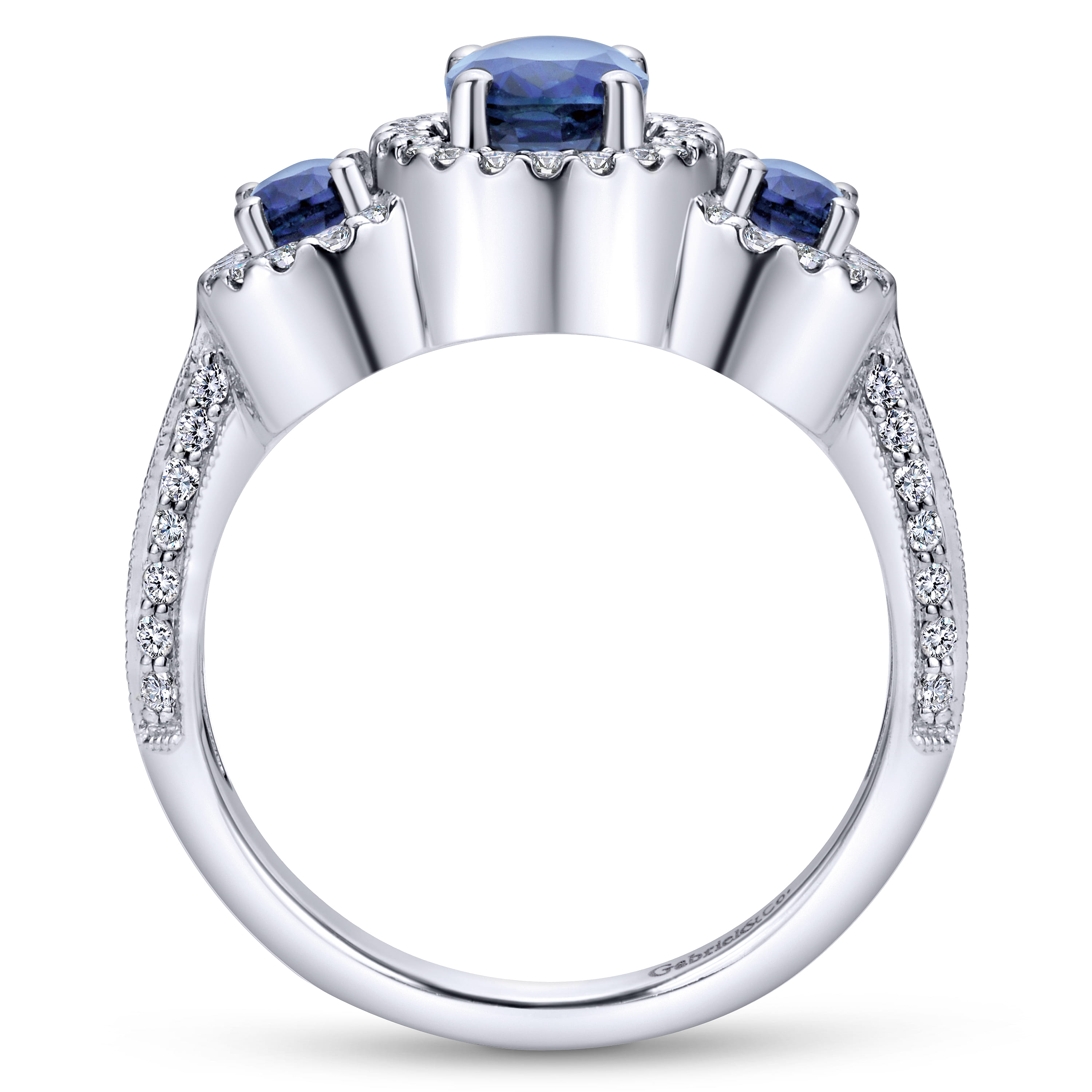 Three Row Halo Sapphire and Diamond Ring in 14K White Gold, photograph 2