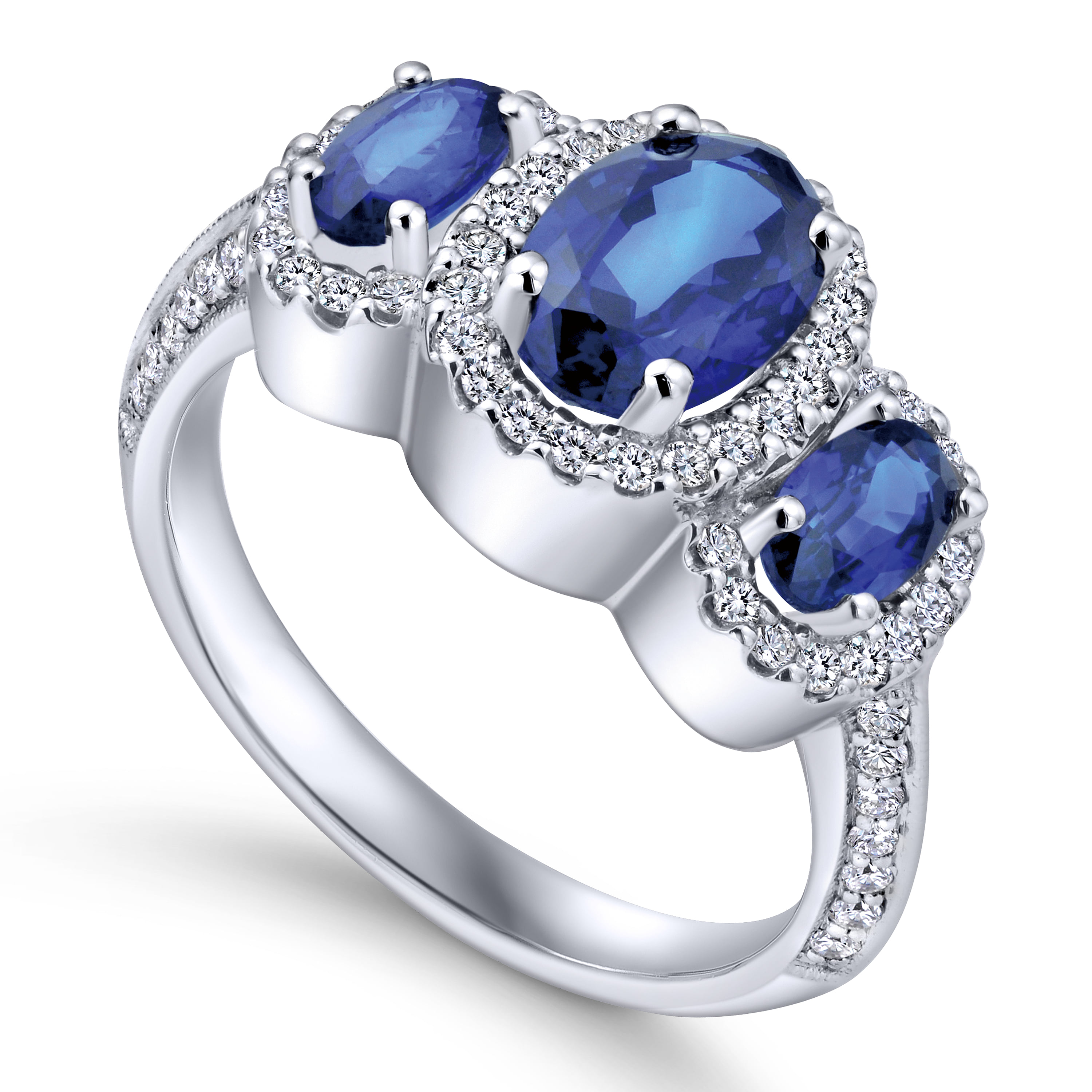 Three Row Halo Sapphire and Diamond Ring in 14K White Gold, photograph 3