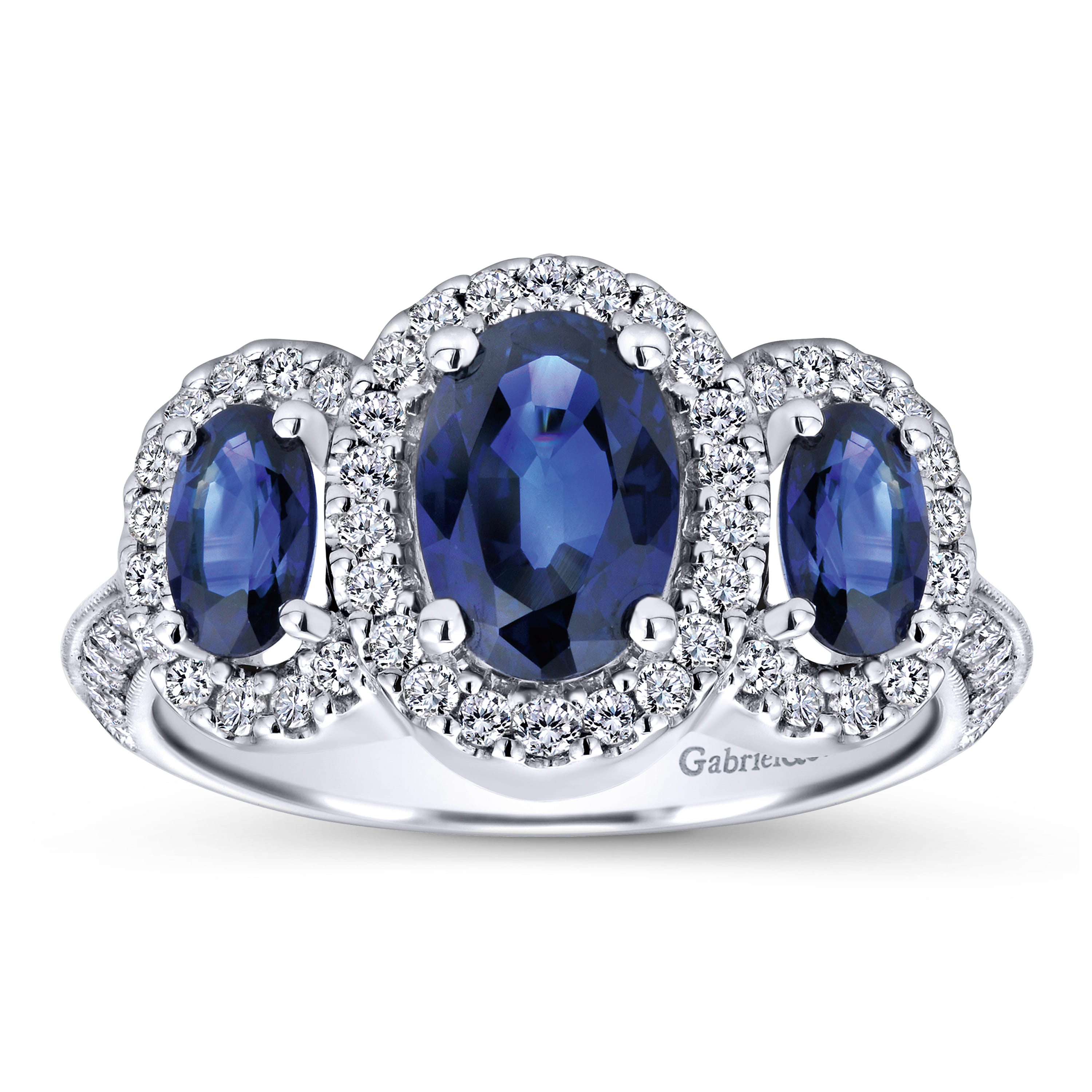Three Row Halo Sapphire and Diamond Ring in 14K White Gold, photograph 4