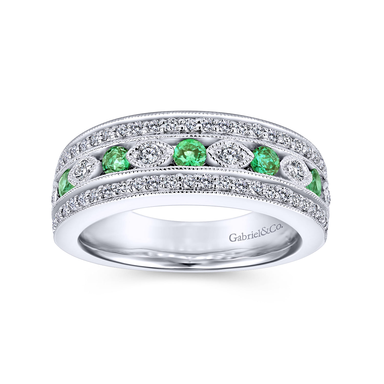 Vintage Inspired Emerald and Diamond Ring in 14K White Gold, photograph 4