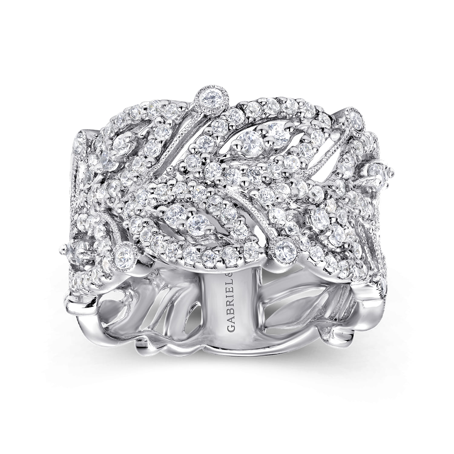 Wide Diamond Leaf Statement Ring in 14K White Gold, photograph 4