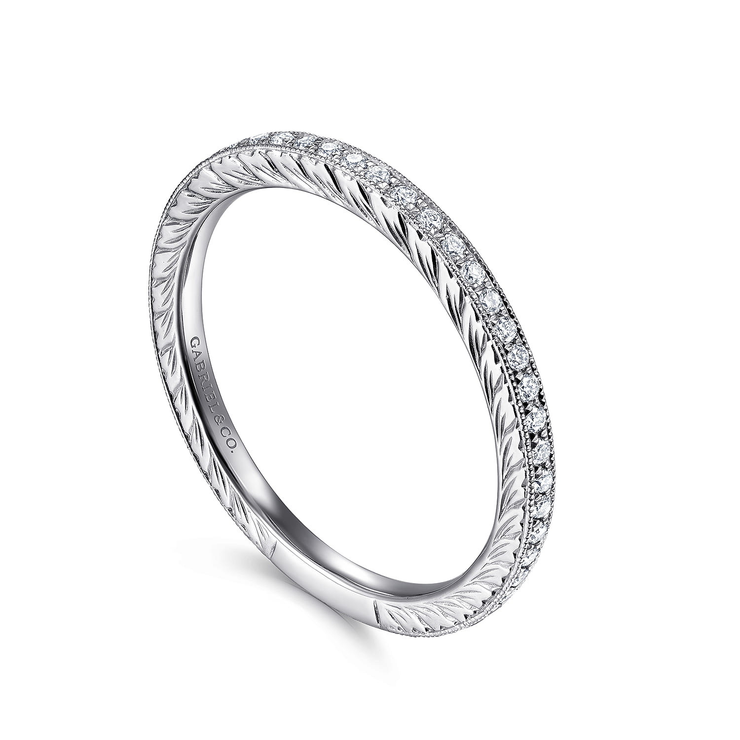 Hand Carved Stackable Diamond Ring in 14K White Gold, photograph 3