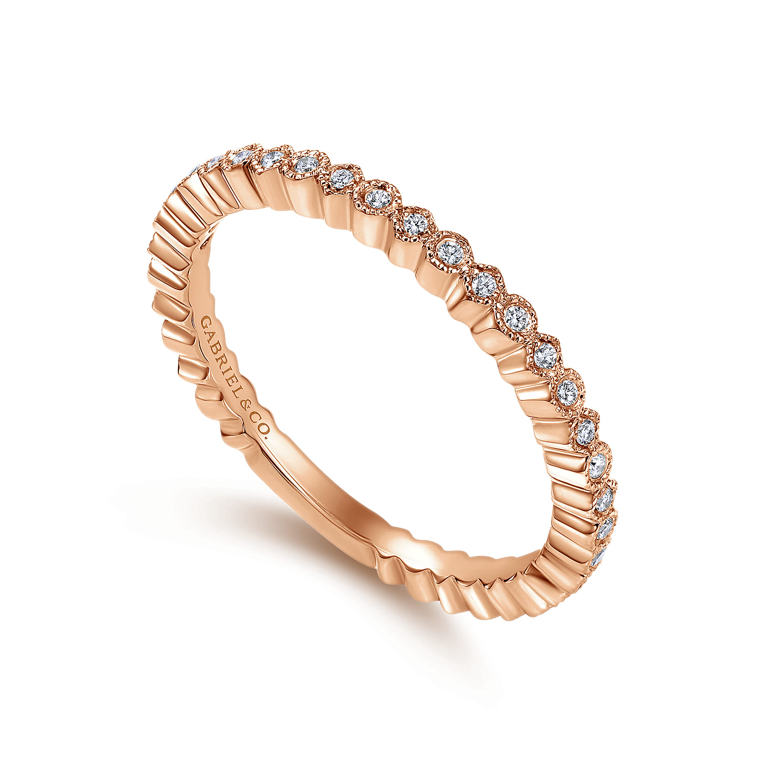 Scalloped Stackable Diamond Band Ring in 14K Rose Gold, photograph 3