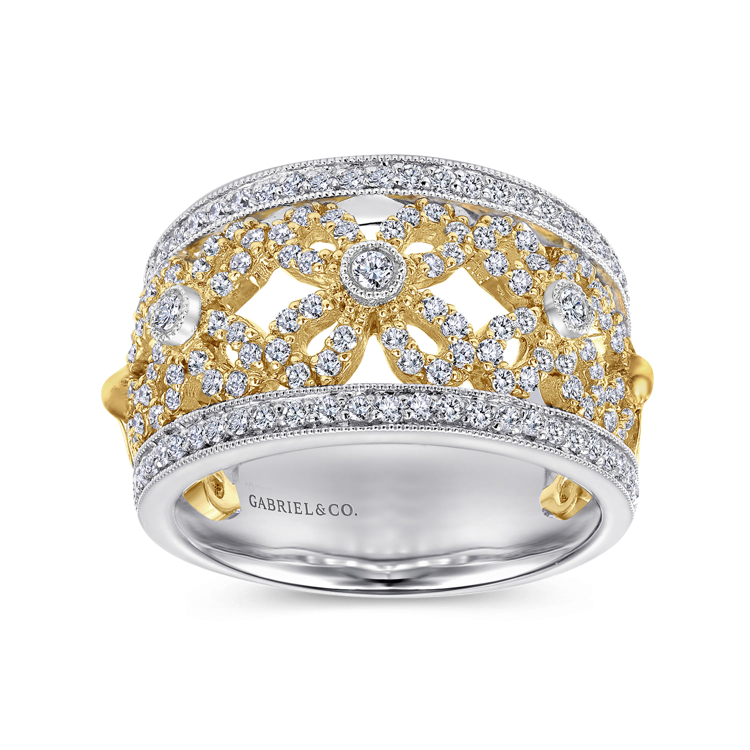 Floral Openwork Wide Band Diamond Ring in 14K White/Yellow Gold, photograph 4