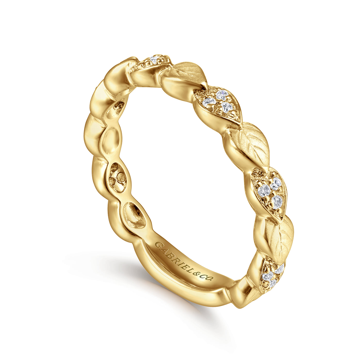 Delicate Leaf Diamond Stackable Ring in 14K Yellow Gold, photograph 3