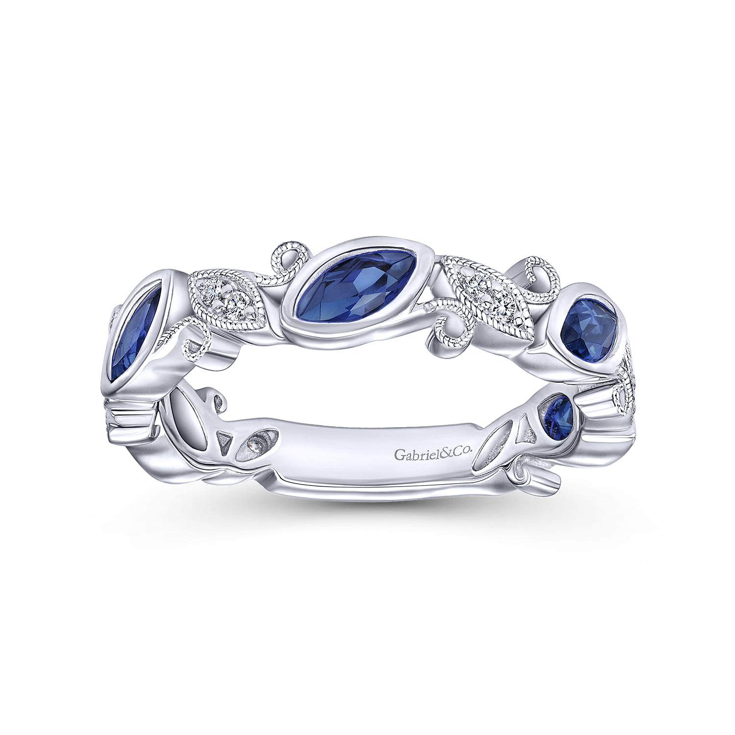Marquise Station Sapphire and Diamond Ring in 14K White Gold, photograph 4