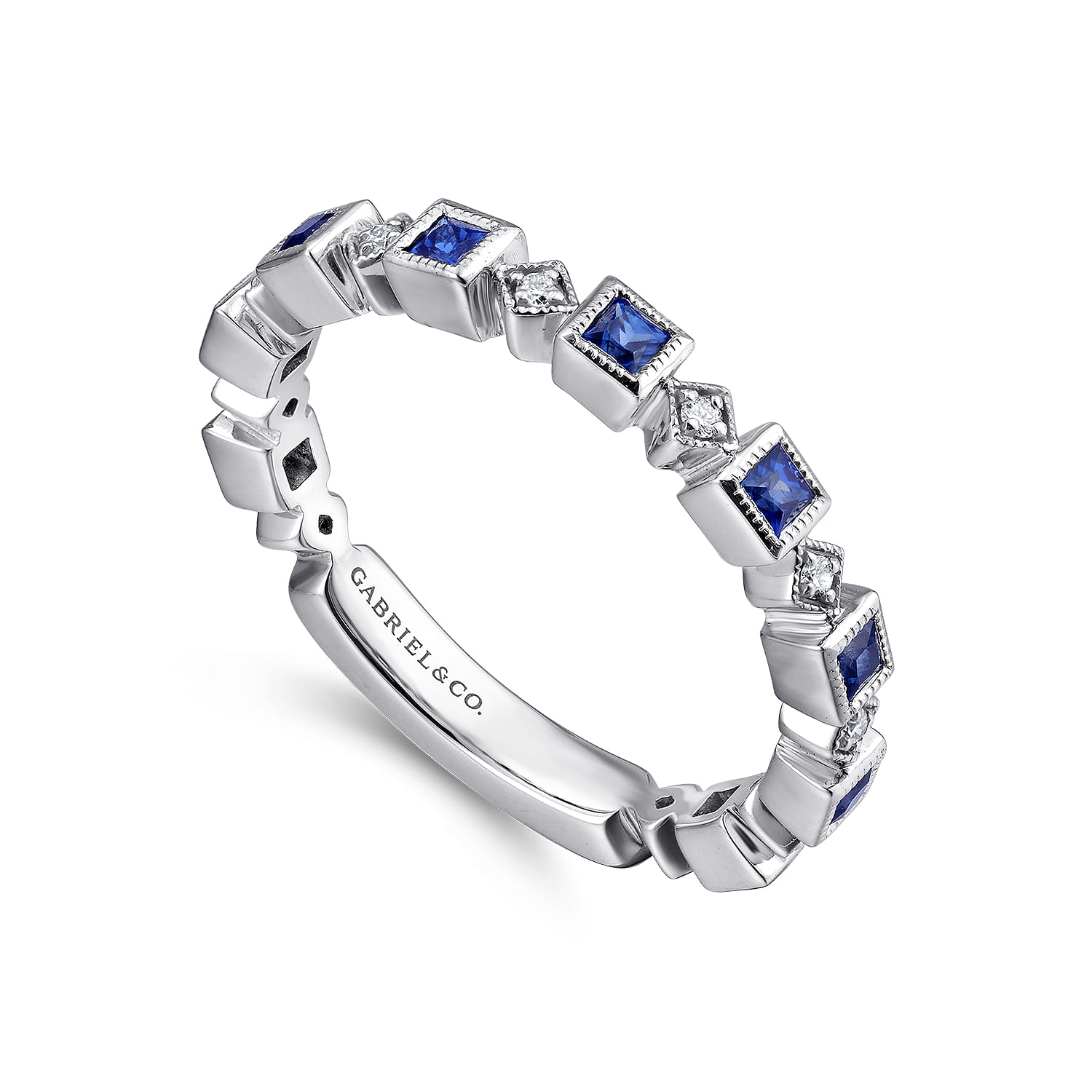 Geometric Sapphire and Diamond Stackable Ring in 14K White Gold, photograph 3