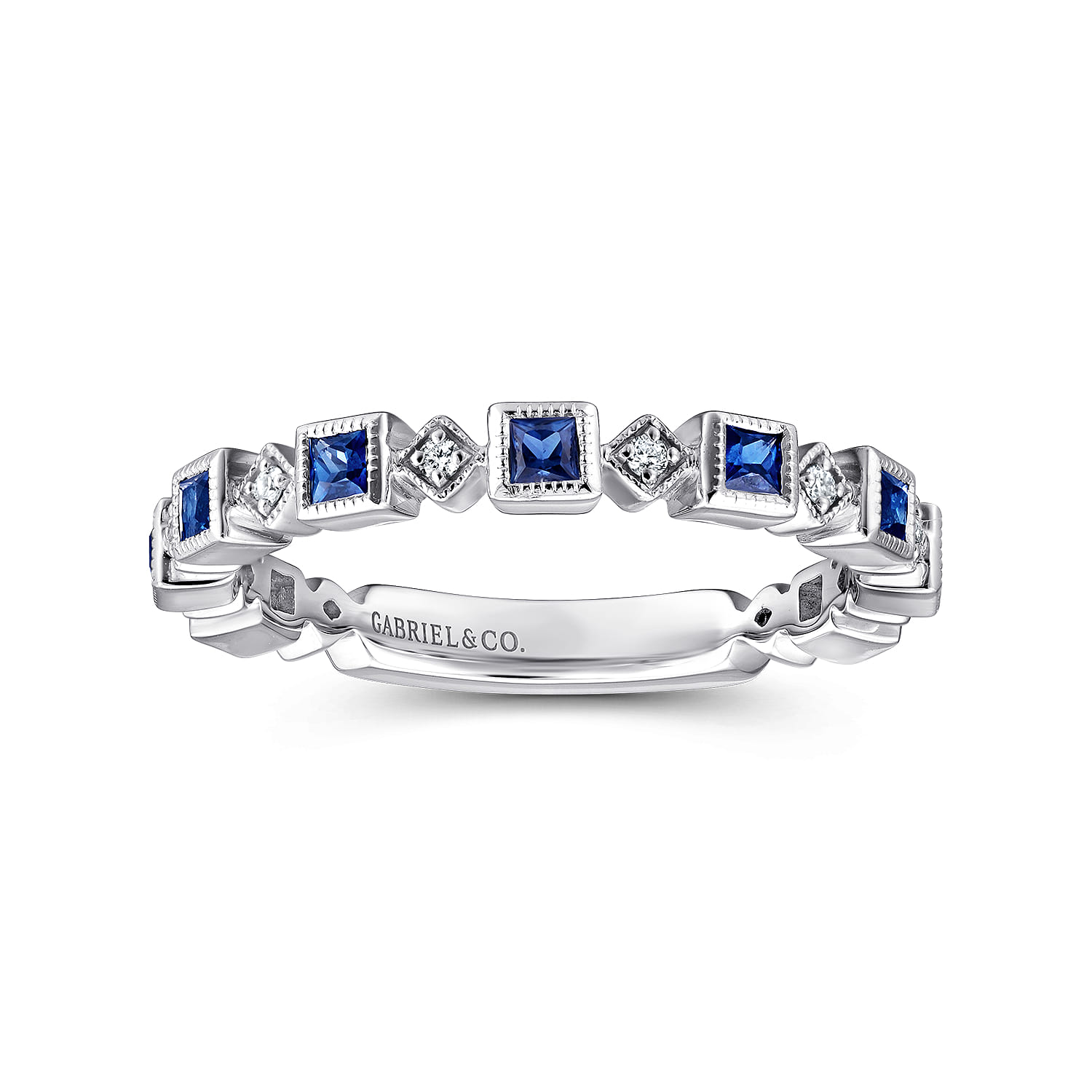 Geometric Sapphire and Diamond Stackable Ring in 14K White Gold, photograph 4