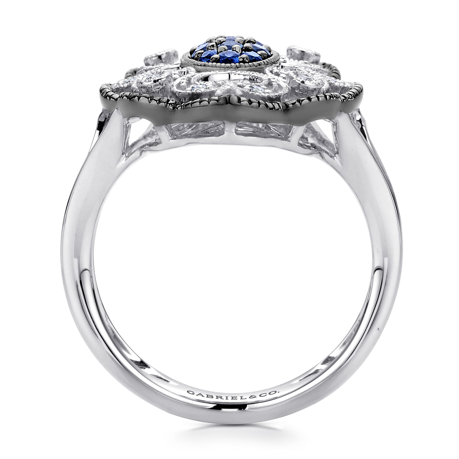Vintage Inspired Oval Blue and White Sapphire Ring in Sterling Silver, photograph 2