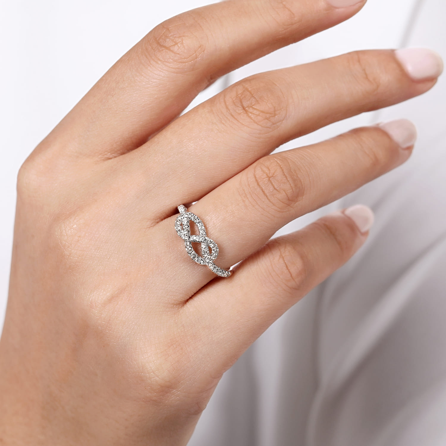 Twisted Diamond Infinity Knot Ring in 14K White Gold, photograph 5