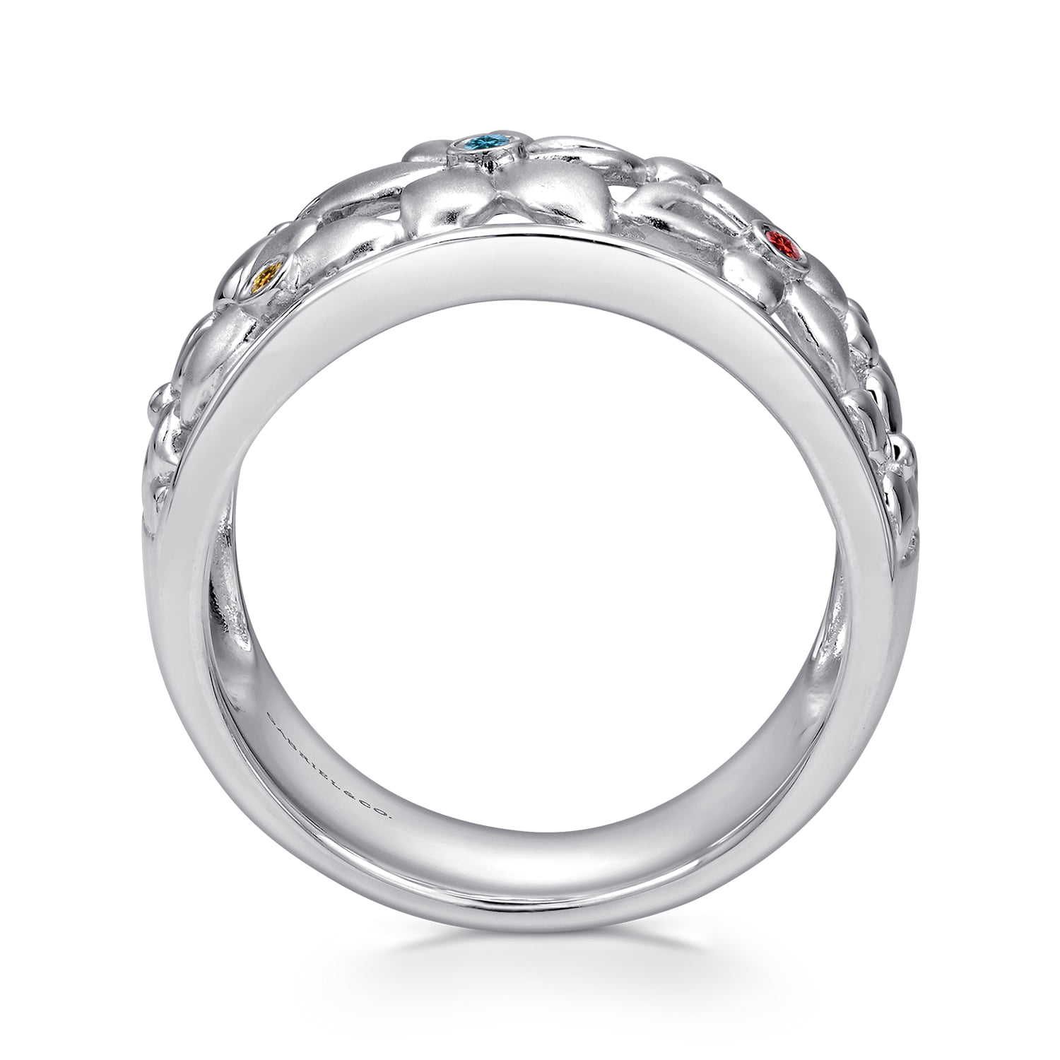 Wide Flower Band with Multi Colored Stones in Sterling Silver, photograph 2