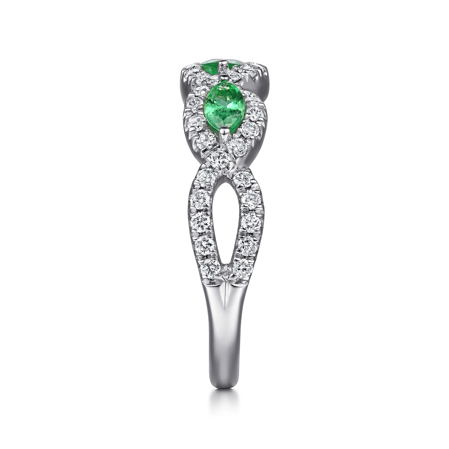 Twisted Diamond Rows and Emerald Marquise Stones Ring in 14K White Gold, photograph 4