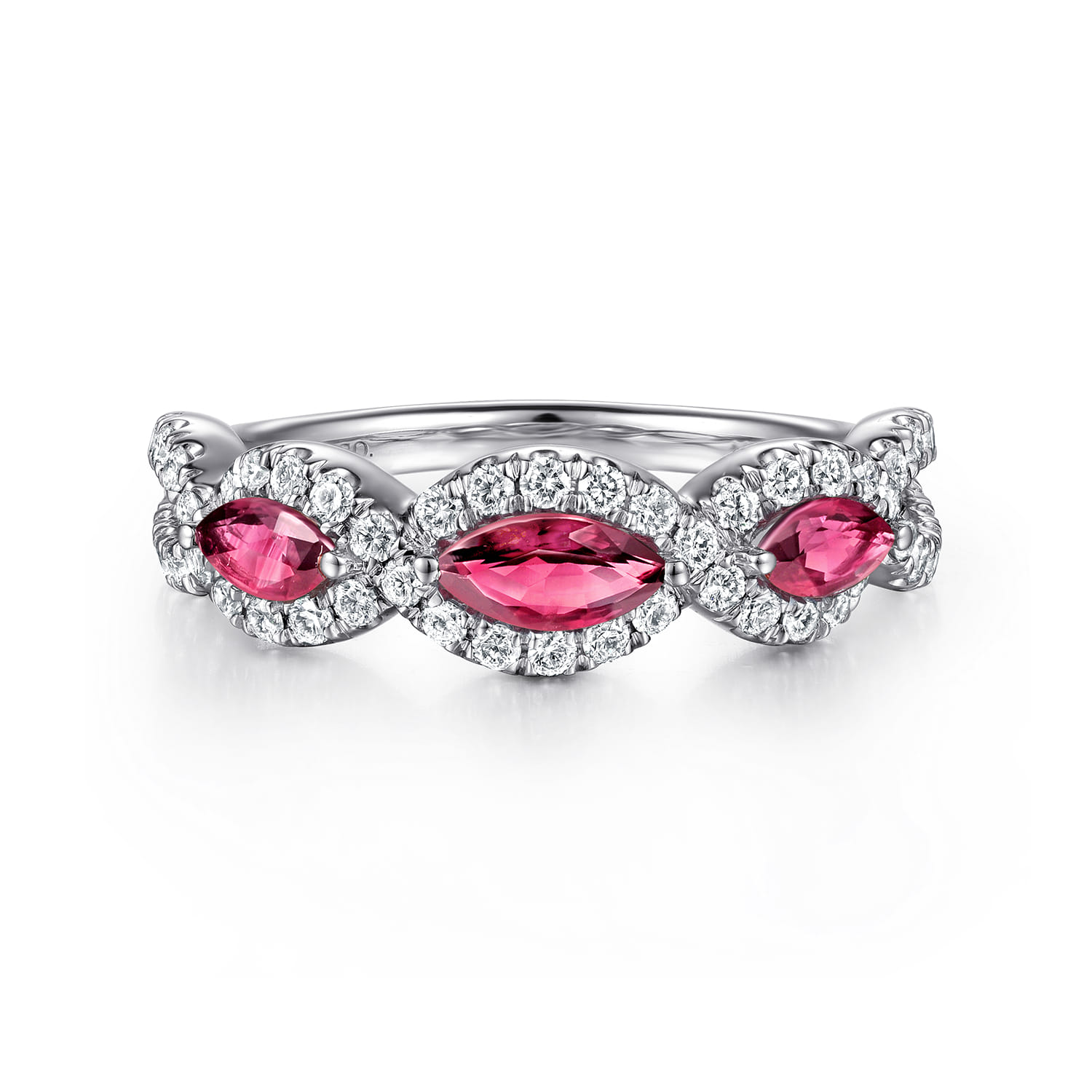 Twisted Diamond Rows and Ruby Marquise Stones Ring