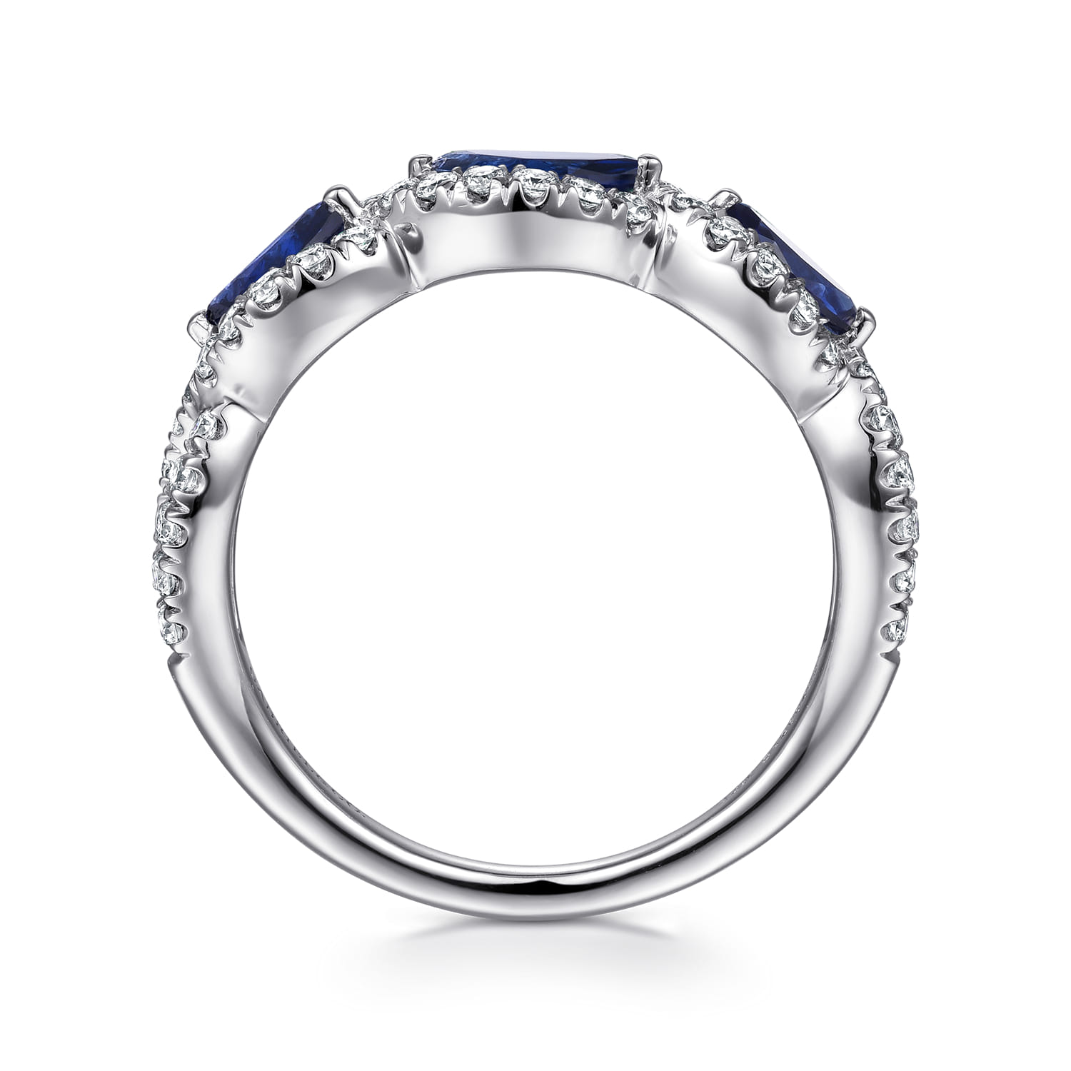 Twisted Diamond Rows and Sapphire Marquise Stones Ring in 14K White Gold, photograph 2