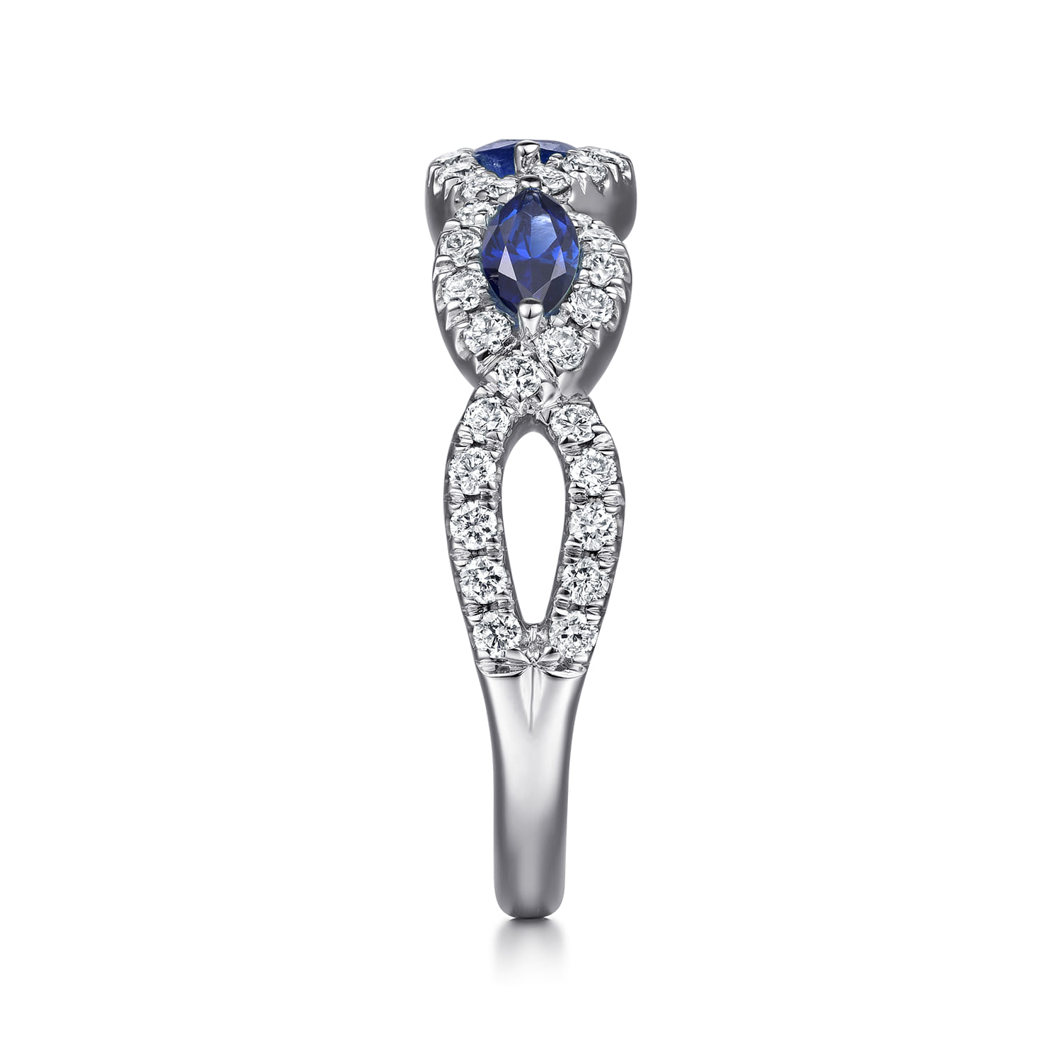 Twisted Diamond Rows and Sapphire Marquise Stones Ring in 14K White Gold, photograph 4