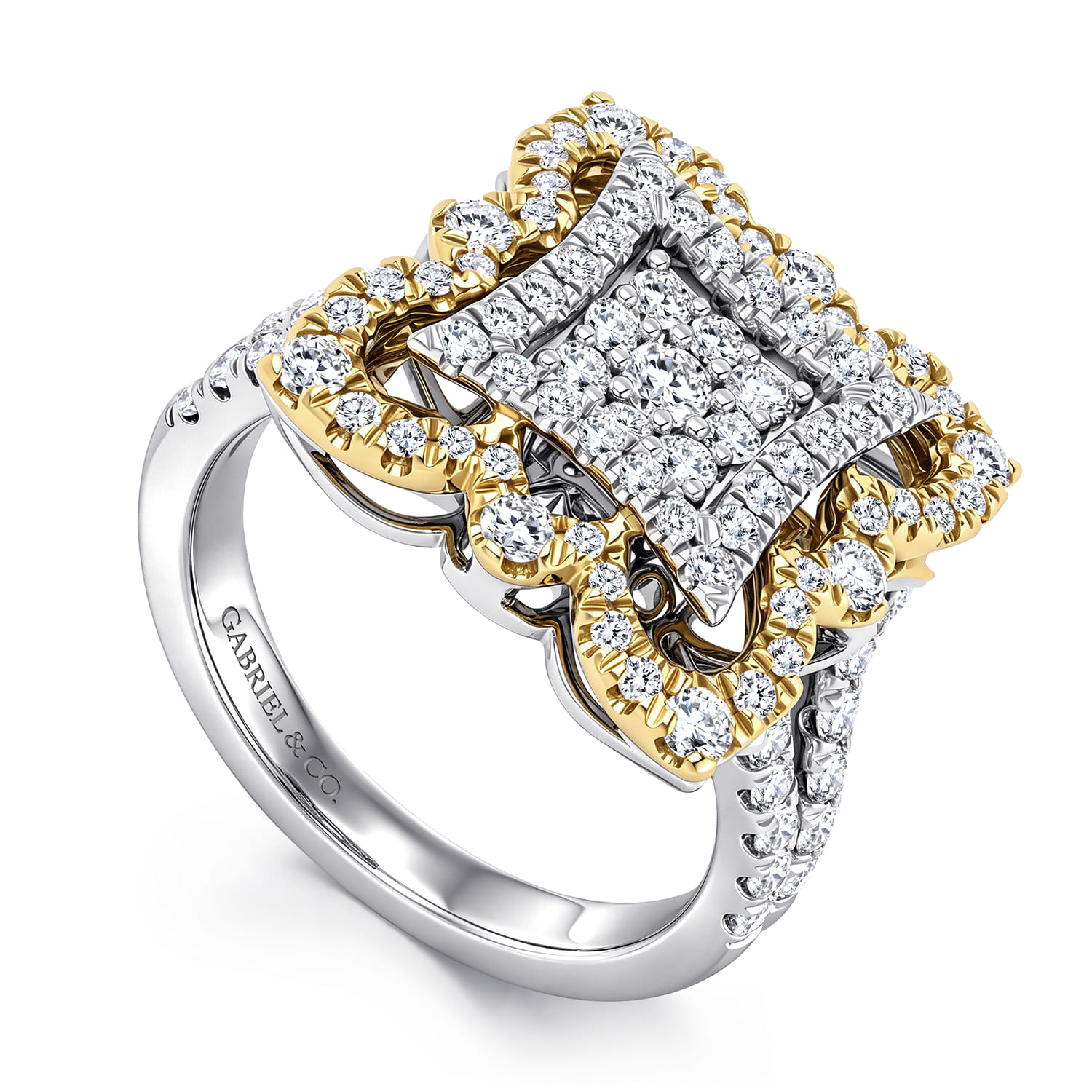 Intricate Square Diamond Pave Statement Ring in 18K White/Yellow Gold, photograph 3