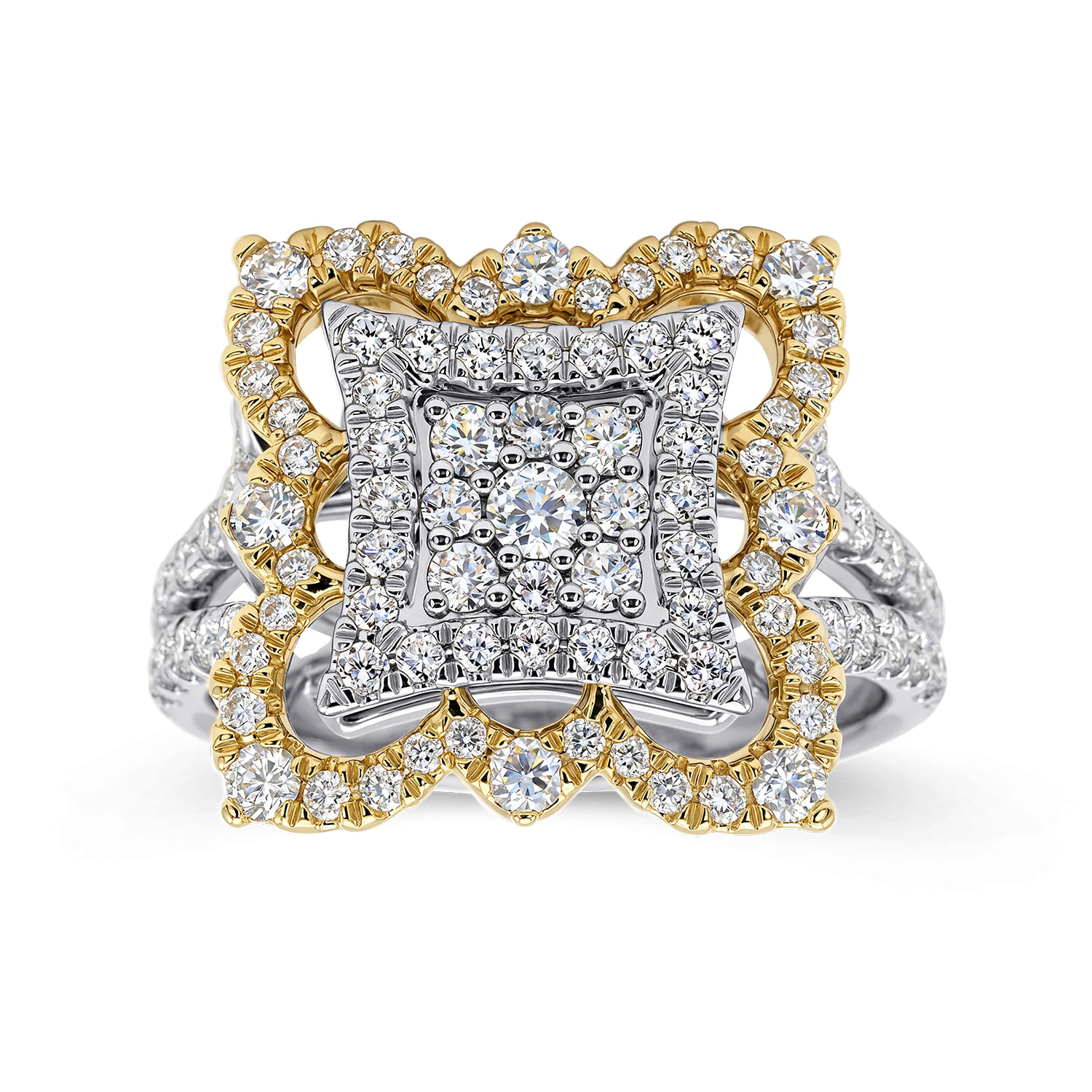 Intricate Square Diamond Pave Statement Ring in 18K White/Yellow Gold, photograph 4