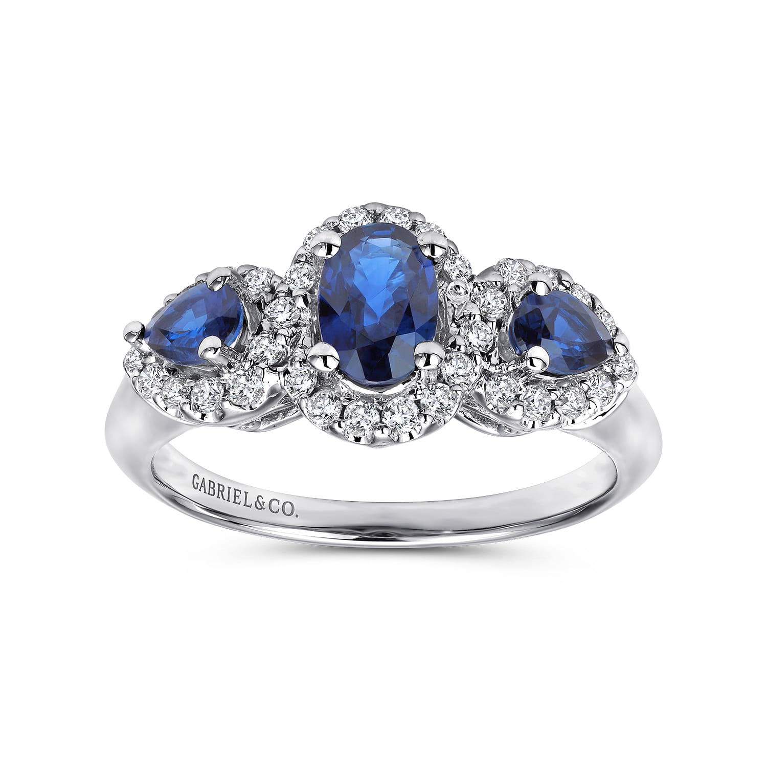 3 Stone Sapphire and Pave Diamond Halo Ring in 14K White Gold, photograph 4