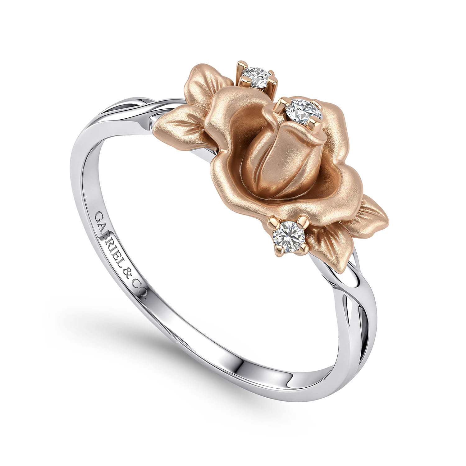 Classic Floral Twisted Diamond Ring in 14K White/Rose Gold, photograph 3