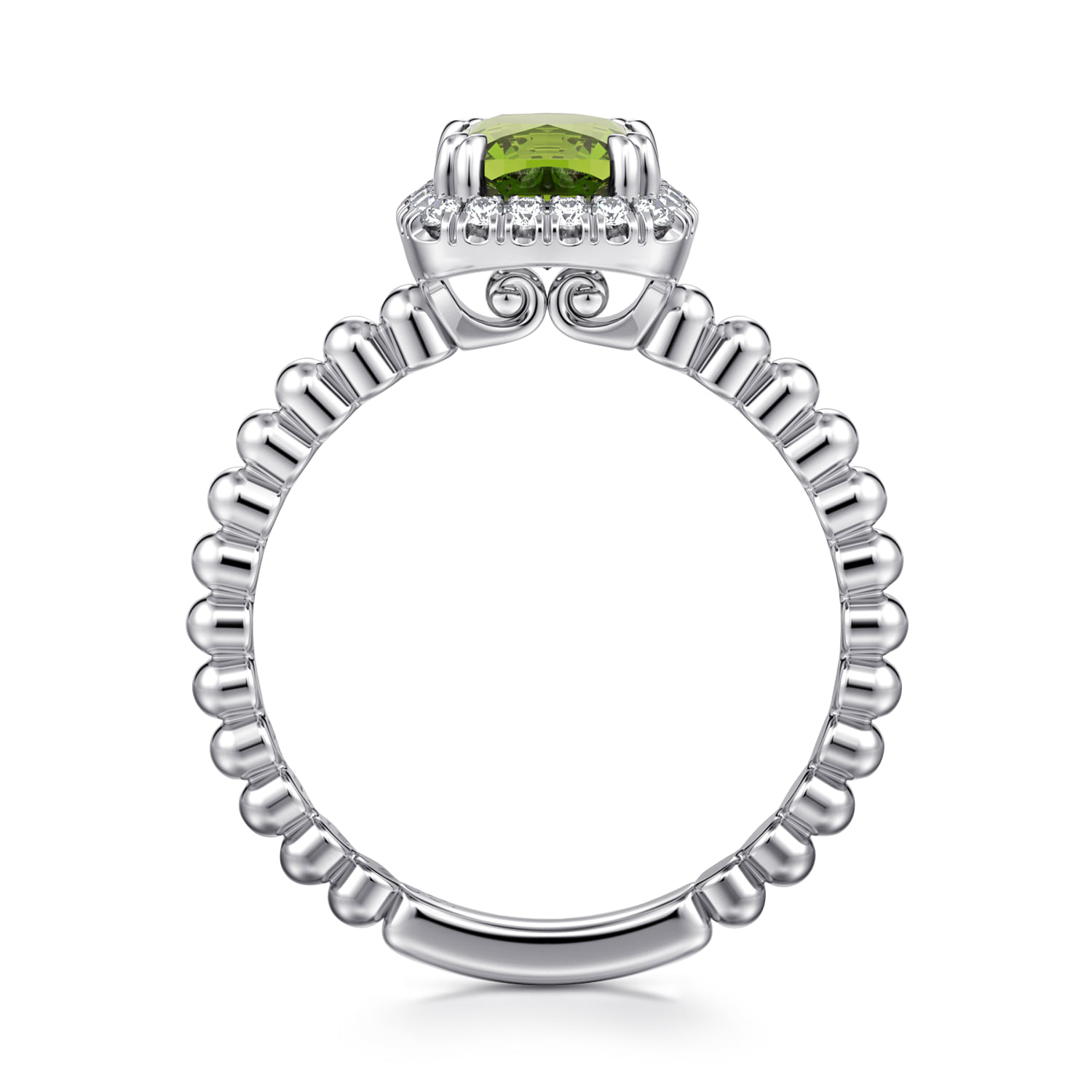 Cushion Cut Peridot and Diamond Halo Promise Ring in 14K White Gold, photograph 2