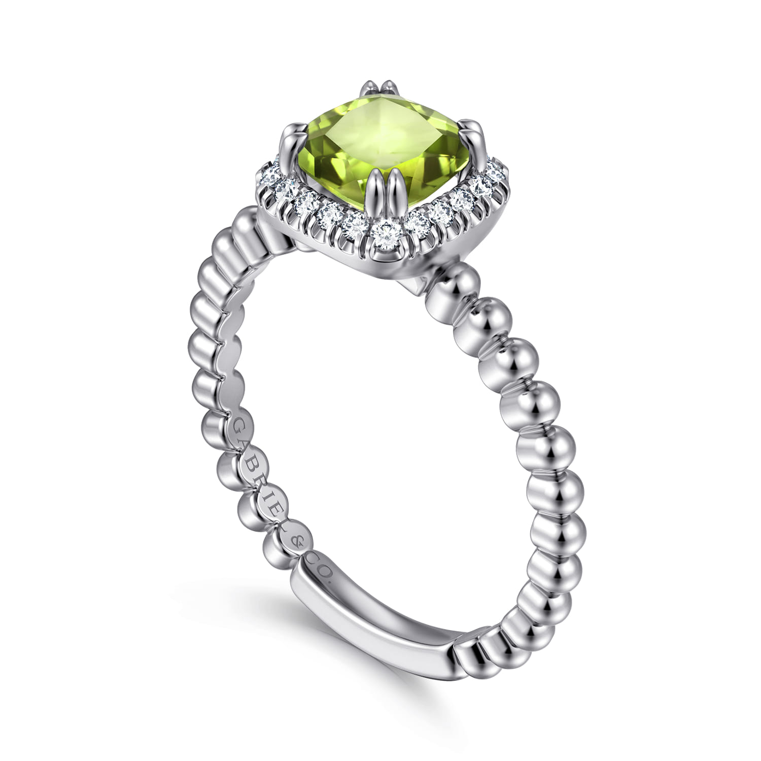 Cushion Cut Peridot and Diamond Halo Promise Ring in 14K White Gold, photograph 3