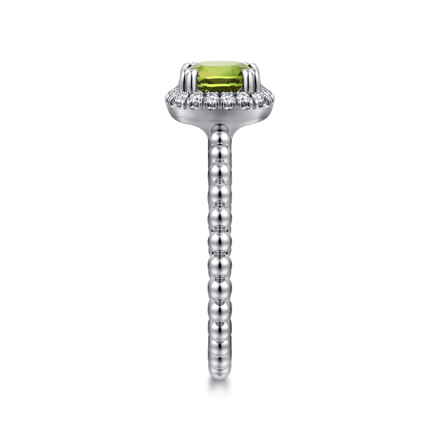 Cushion Cut Peridot and Diamond Halo Promise Ring in 14K White Gold, photograph 4