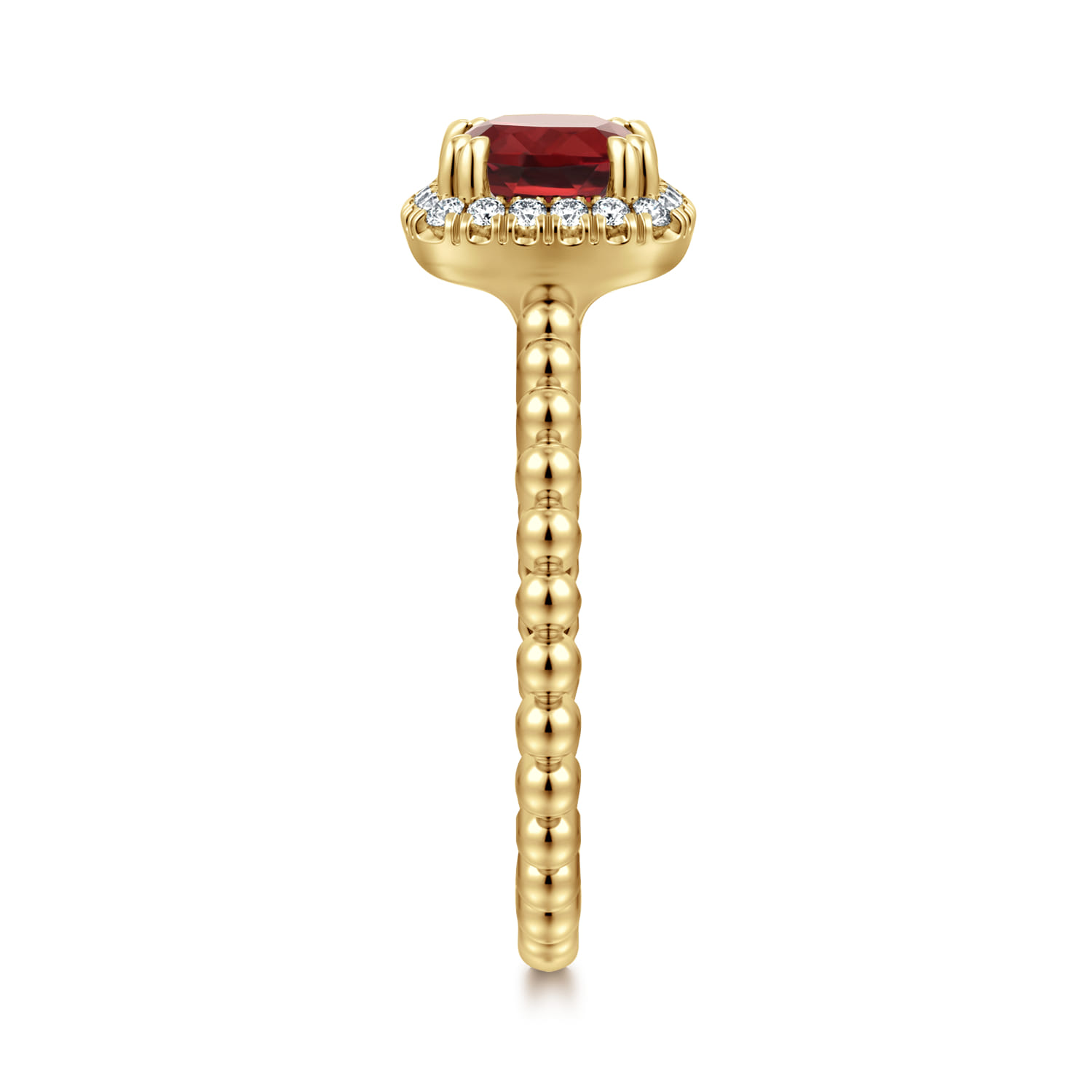 Cushion Cut Garnet and Diamond Halo Ring in 14K Yellow Gold, photograph 4