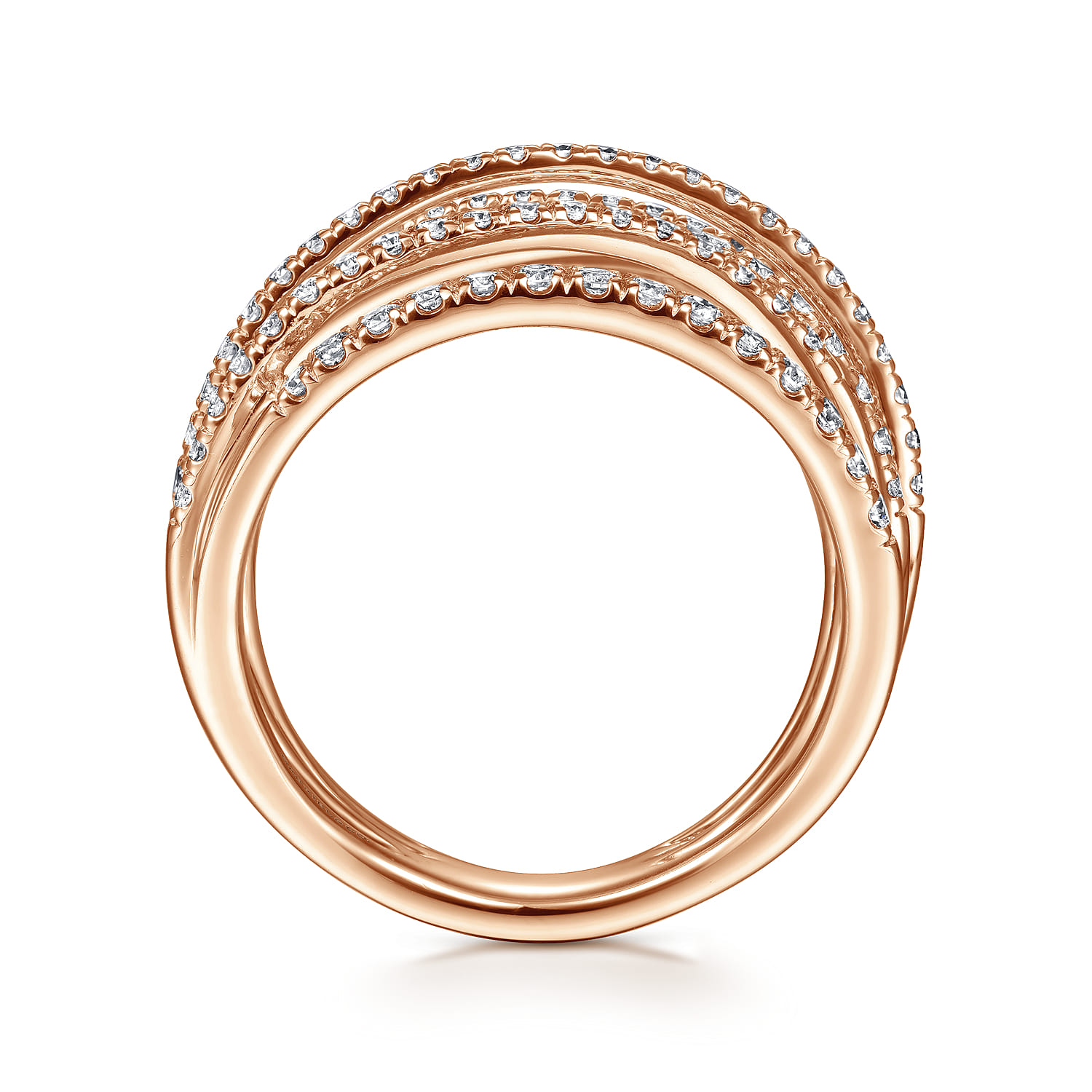 Layered Criss Crossing Wide Band Diamond Ring in 14K Rose Gold, photograph 2