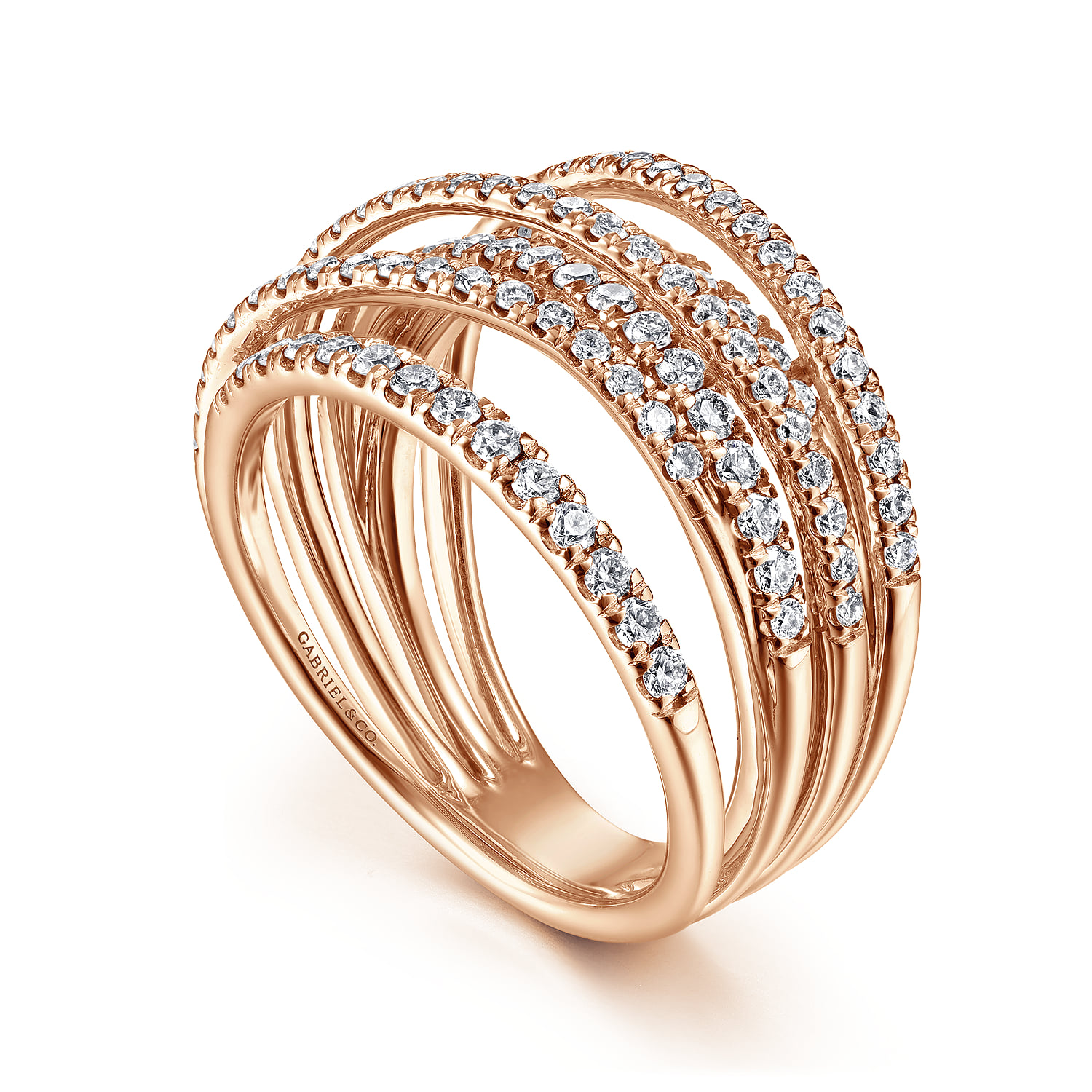 Layered Criss Crossing Wide Band Diamond Ring in 14K Rose Gold, photograph 3