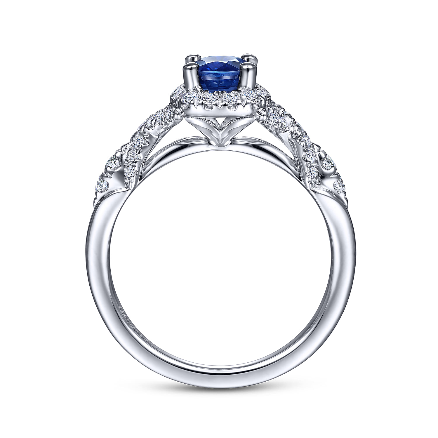 Oval Sapphire and Diamond Halo Ring in 14K White Gold, photograph 2