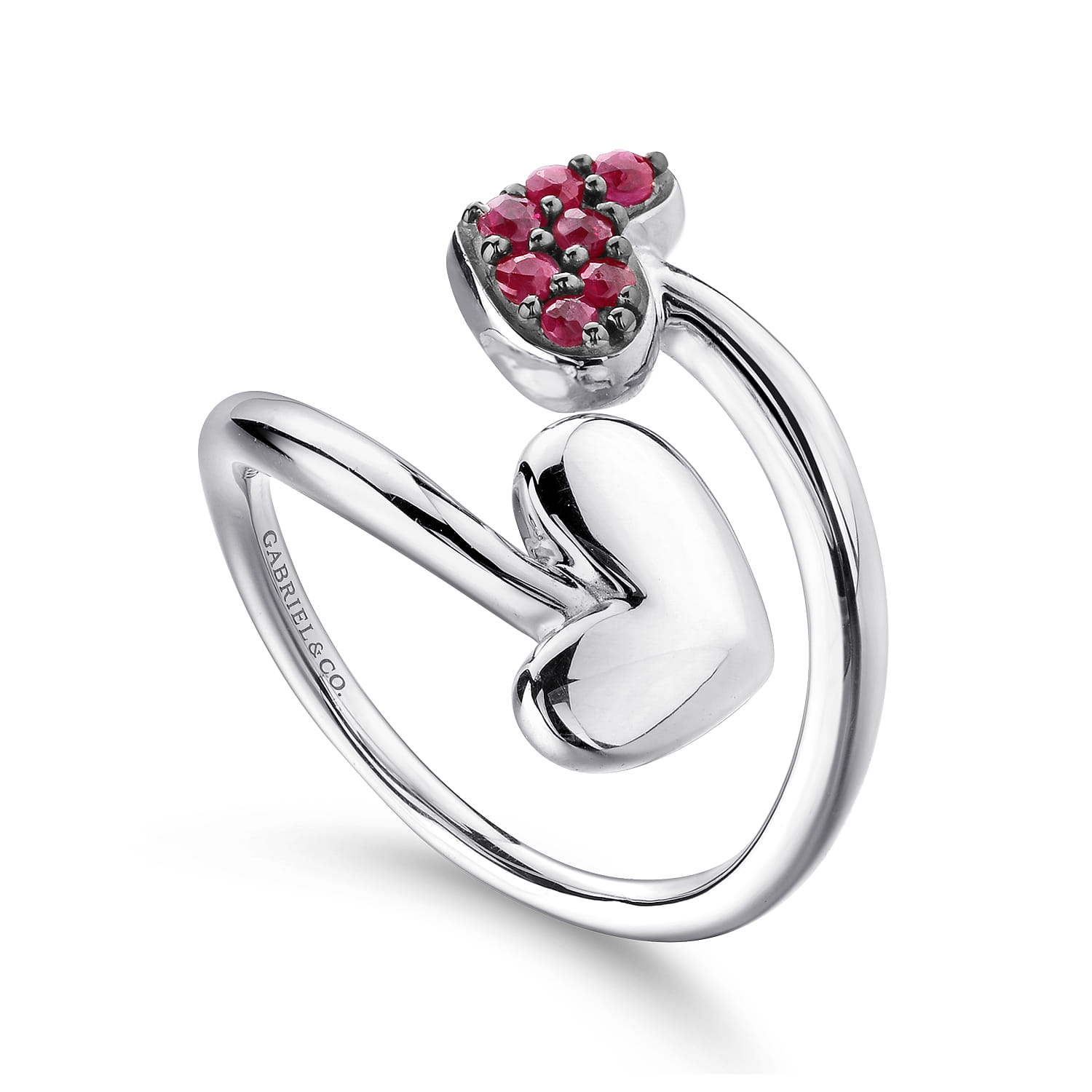Bypass Heart Ring with Ruby Stones in Sterling Silver, photograph 3