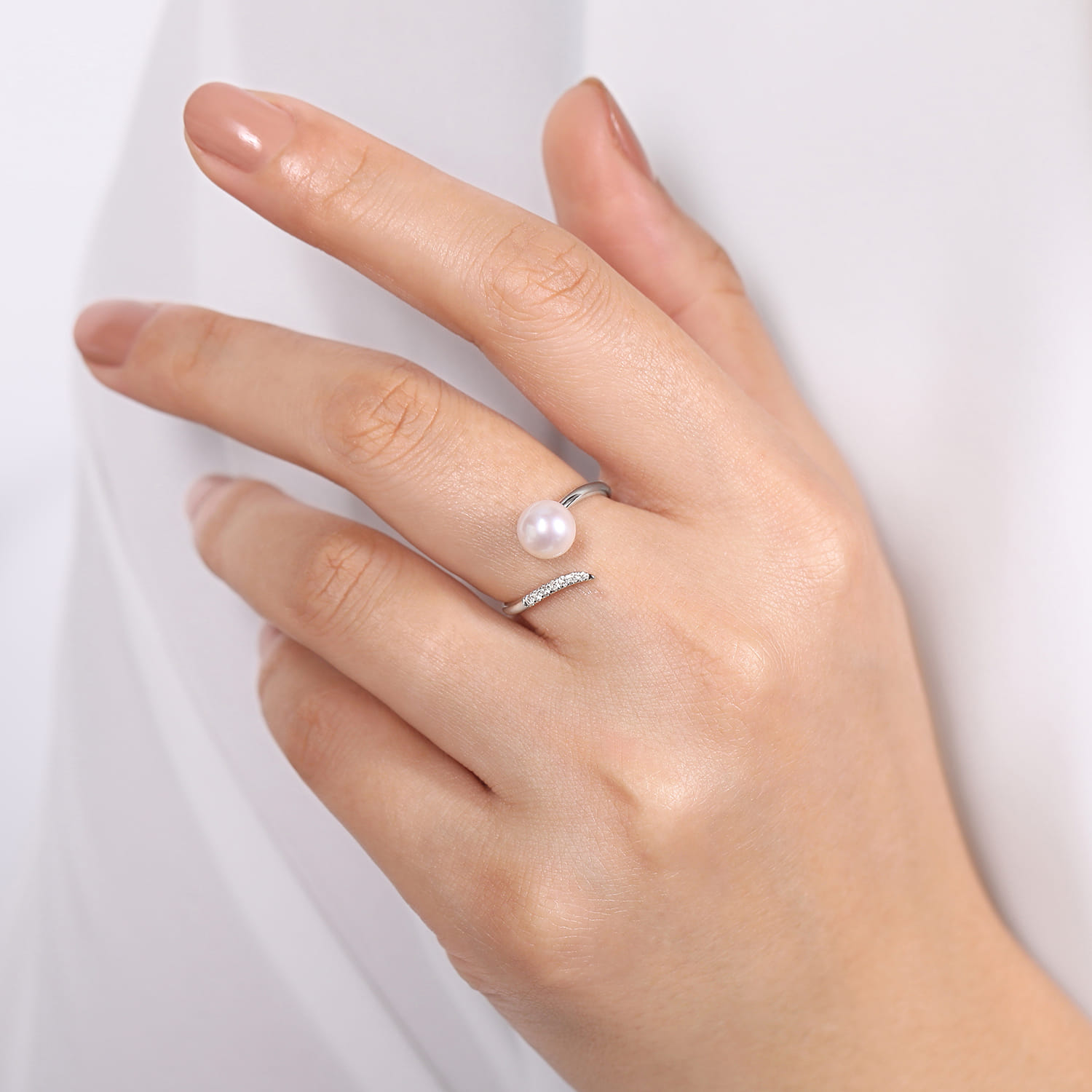 Cultured Pearl and Diamond Open Wrap Ring in 14K White Gold, photograph 5
