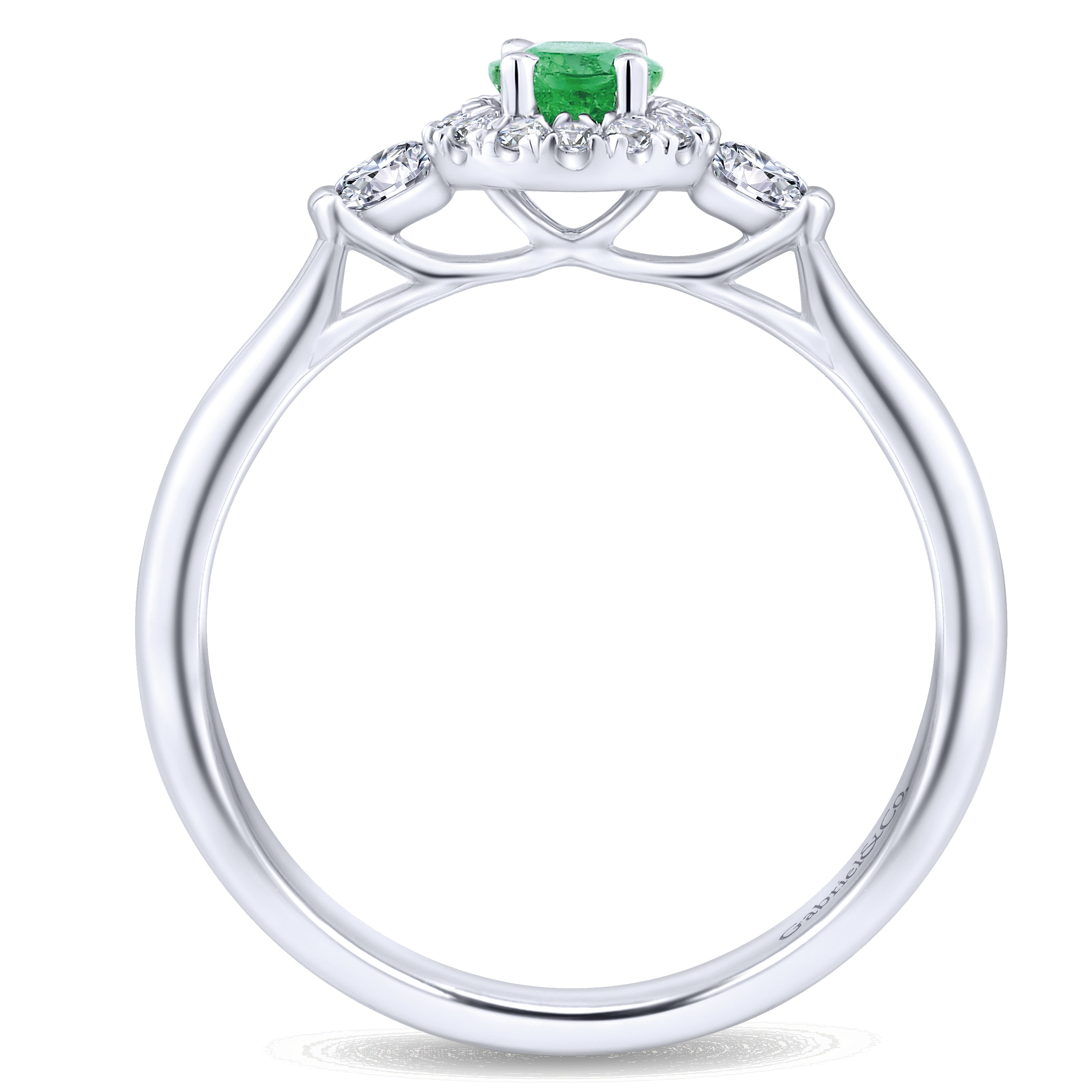 Oval Emerald and Diamond Halo Three Stone Ring in 14K White Gold, photograph 2