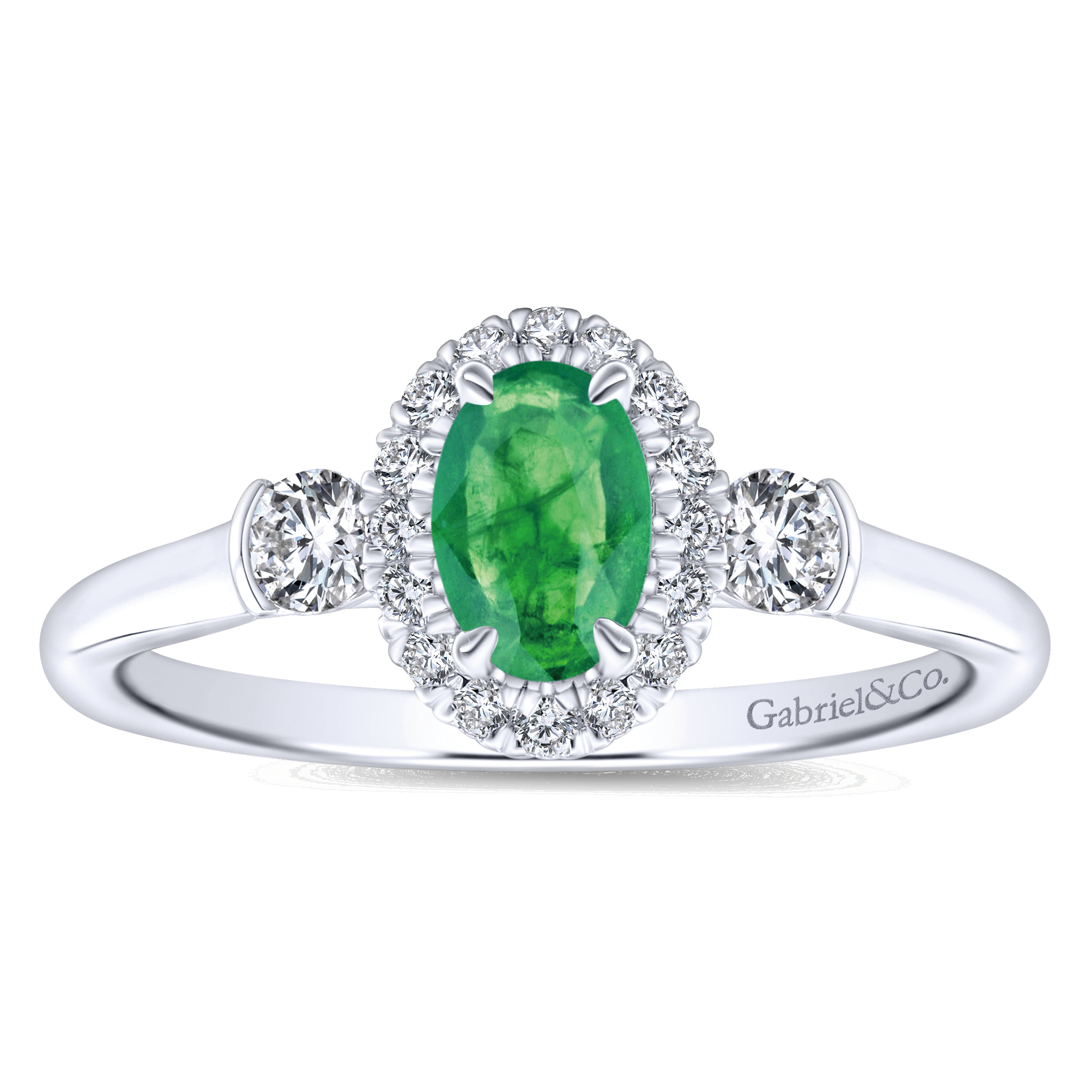 Oval Emerald and Diamond Halo Three Stone Ring in 14K White Gold, photograph 4