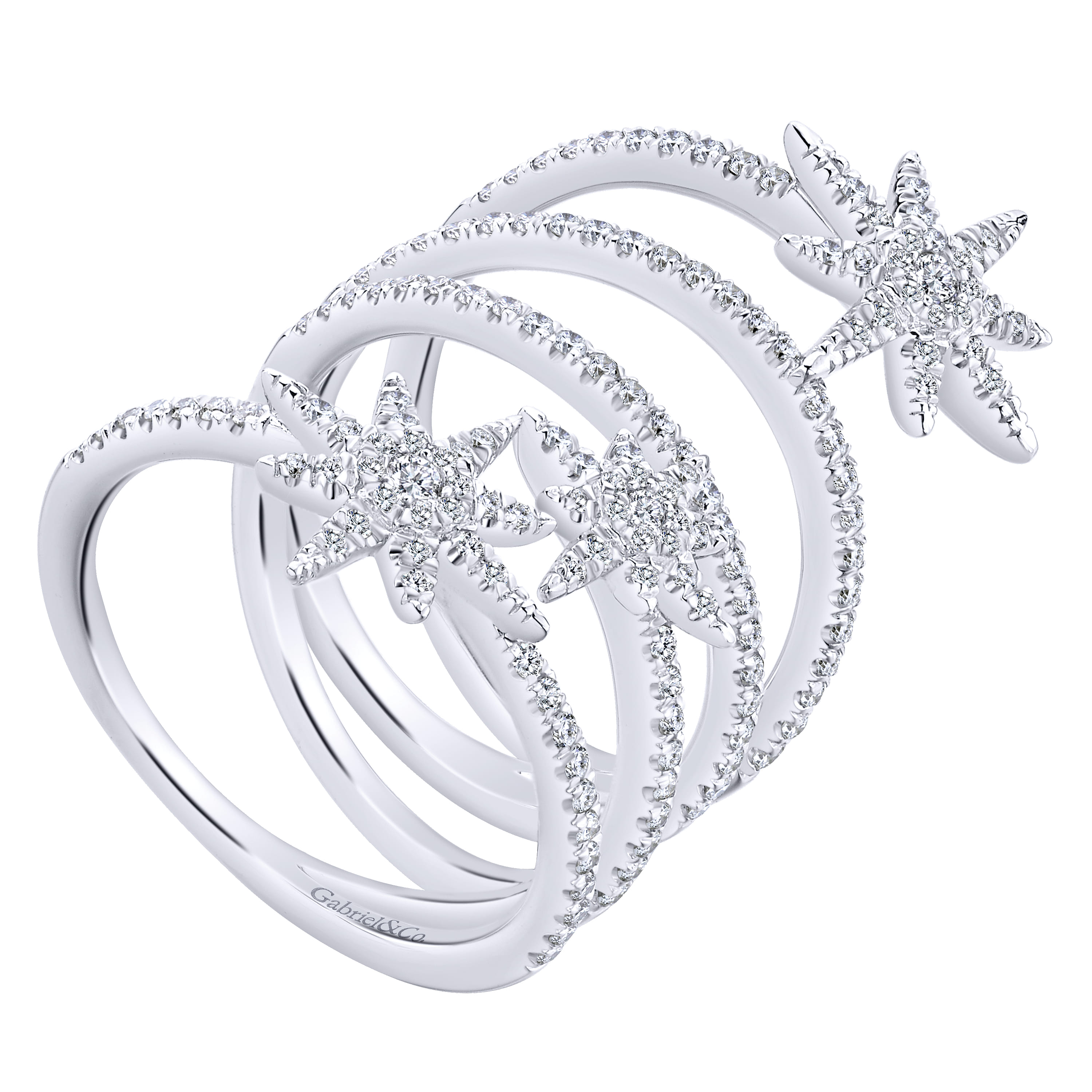 Wide Open Diamond Band and Star Station Statement Ring in 14K White Gold, photograph 3