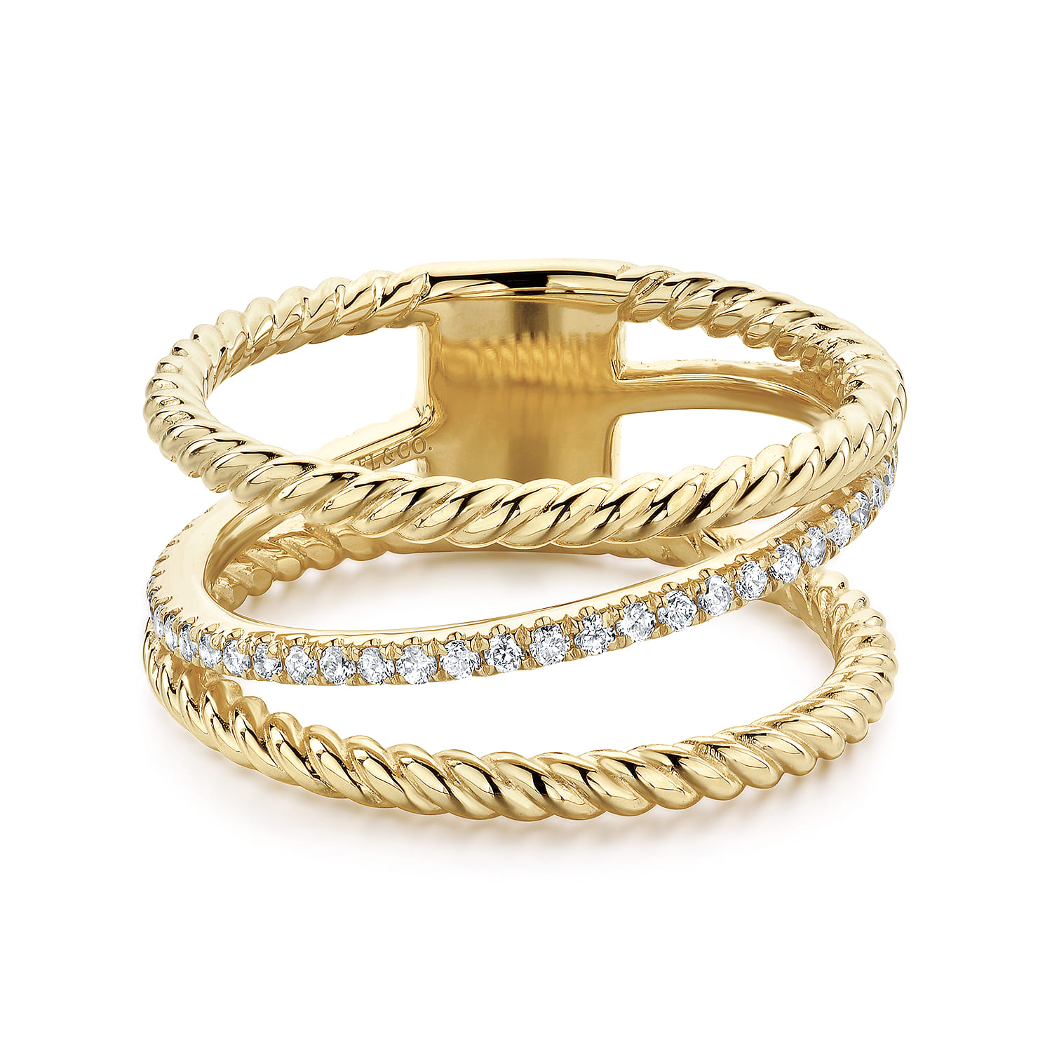 Three Row Twisted Rope and Diamond Band Open Ring