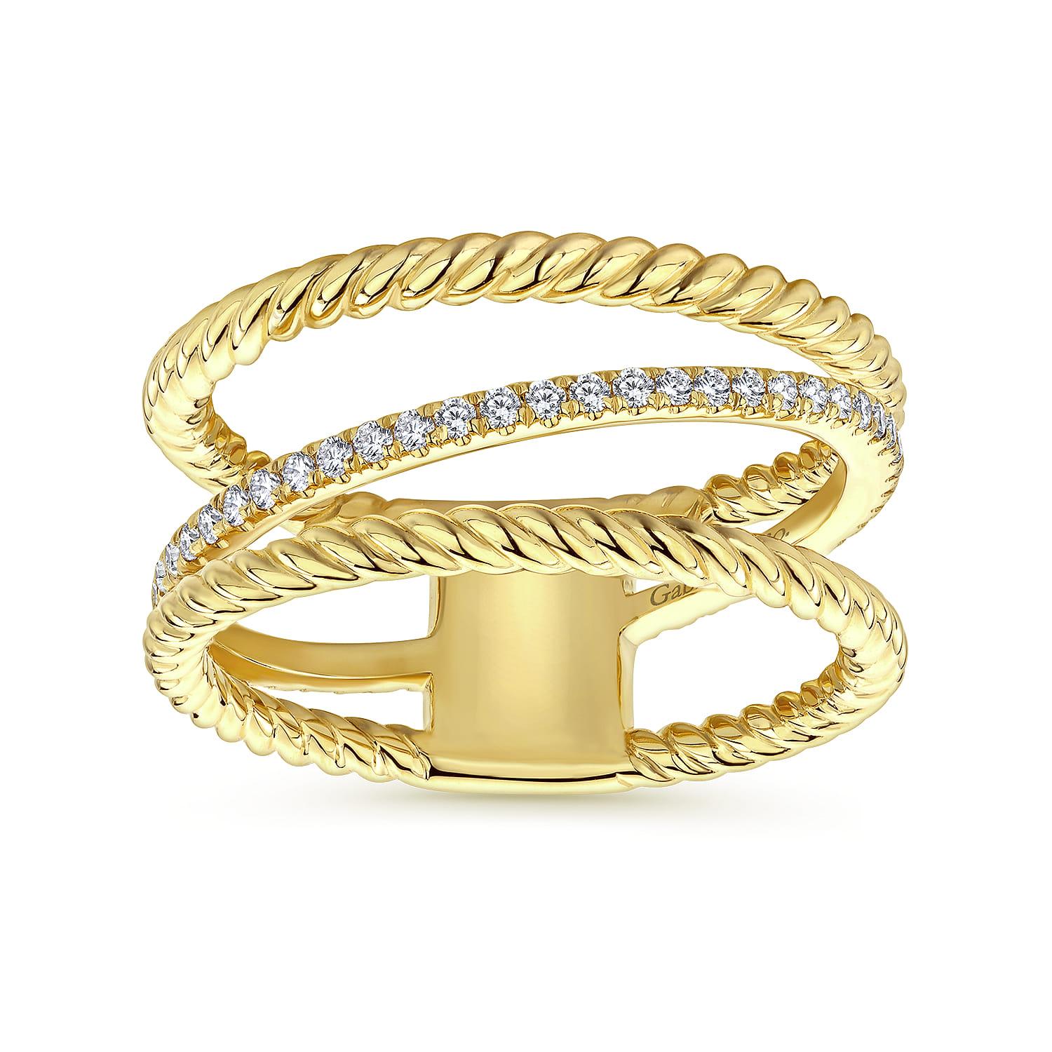 Three Row Twisted Rope and Diamond Band Open Ring in 14K Yellow Gold, photograph 4