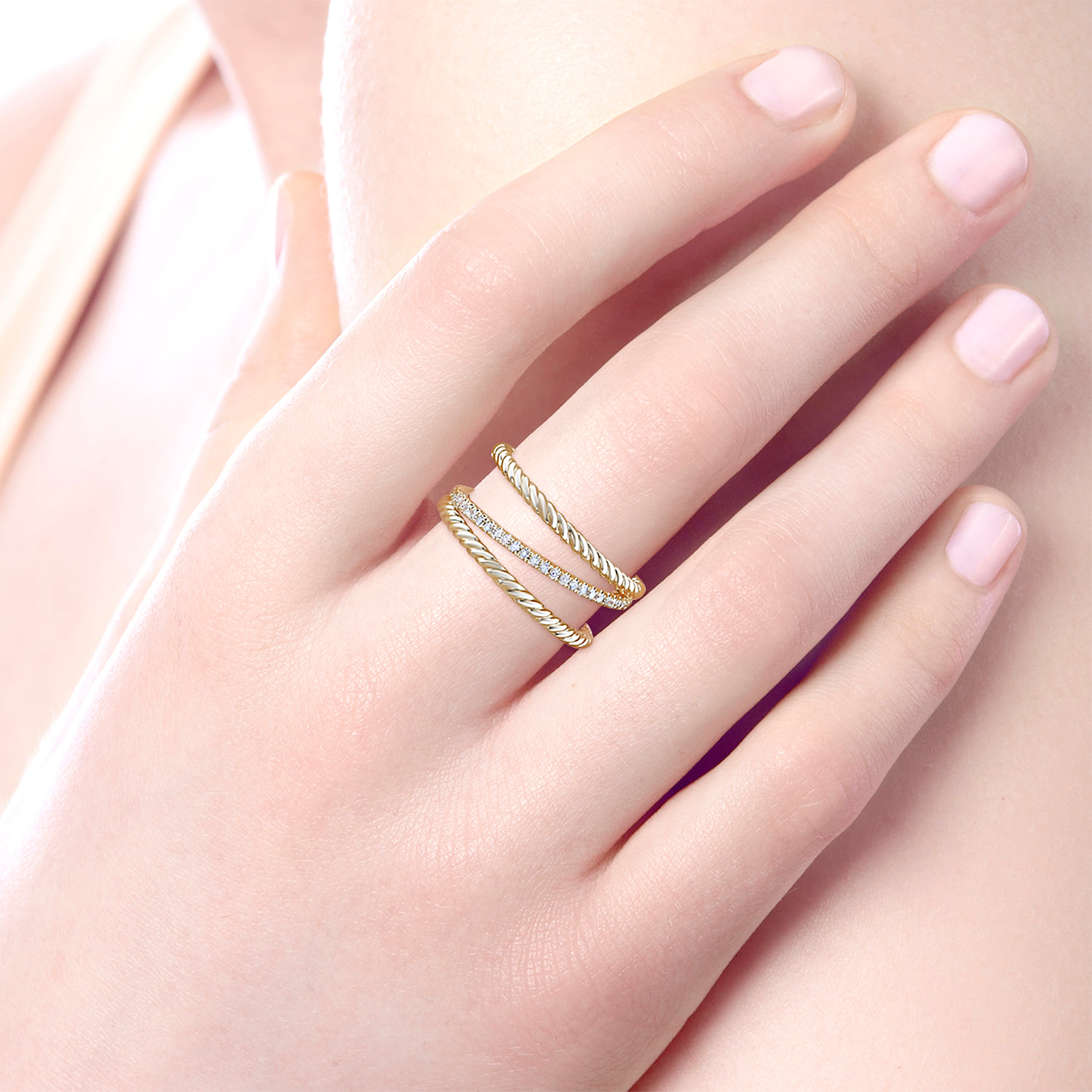 Three Row Twisted Rope and Diamond Band Open Ring in 14K Yellow Gold, photograph 5