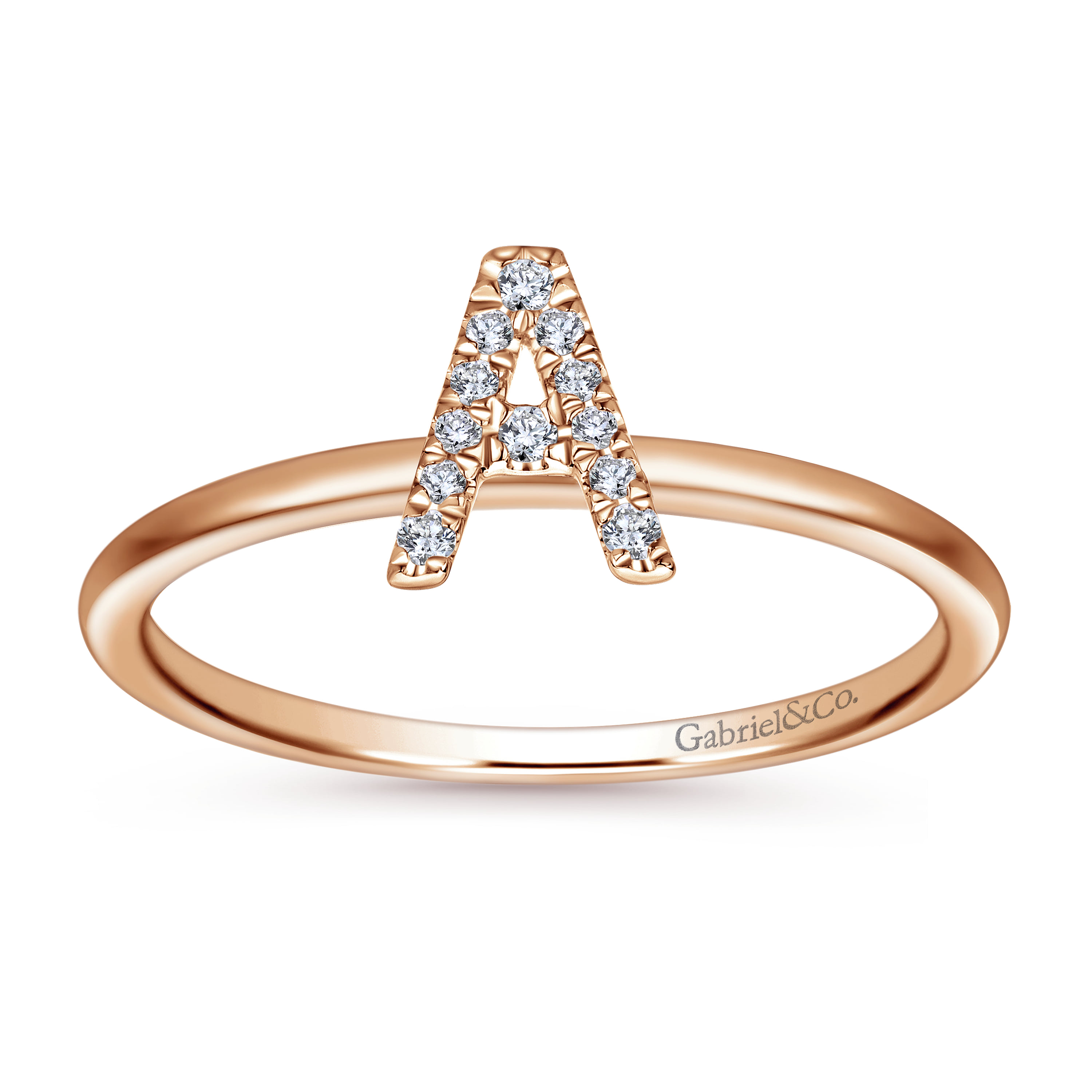Pave Diamond Uppercase A Initial Ring in 14K Rose Gold, photograph 4