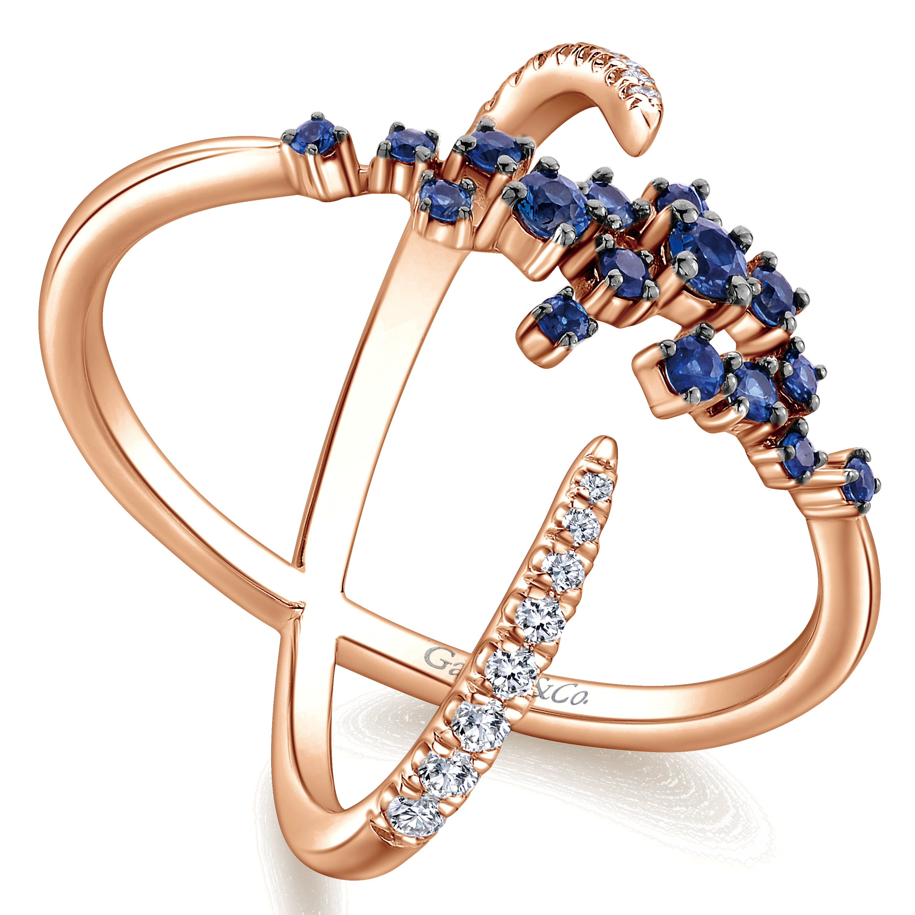 Modern Scattered Sapphire and Diamond Open Ring in 14K Rose Gold, photograph 3