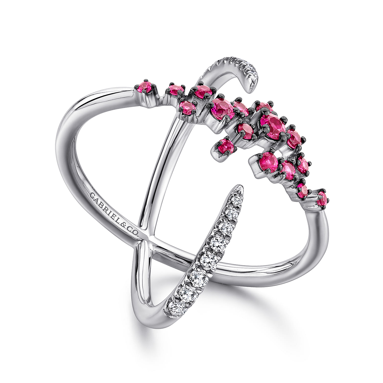 Modern Scattered Ruby and Diamond Open Ring in 14K White Gold, photograph 3