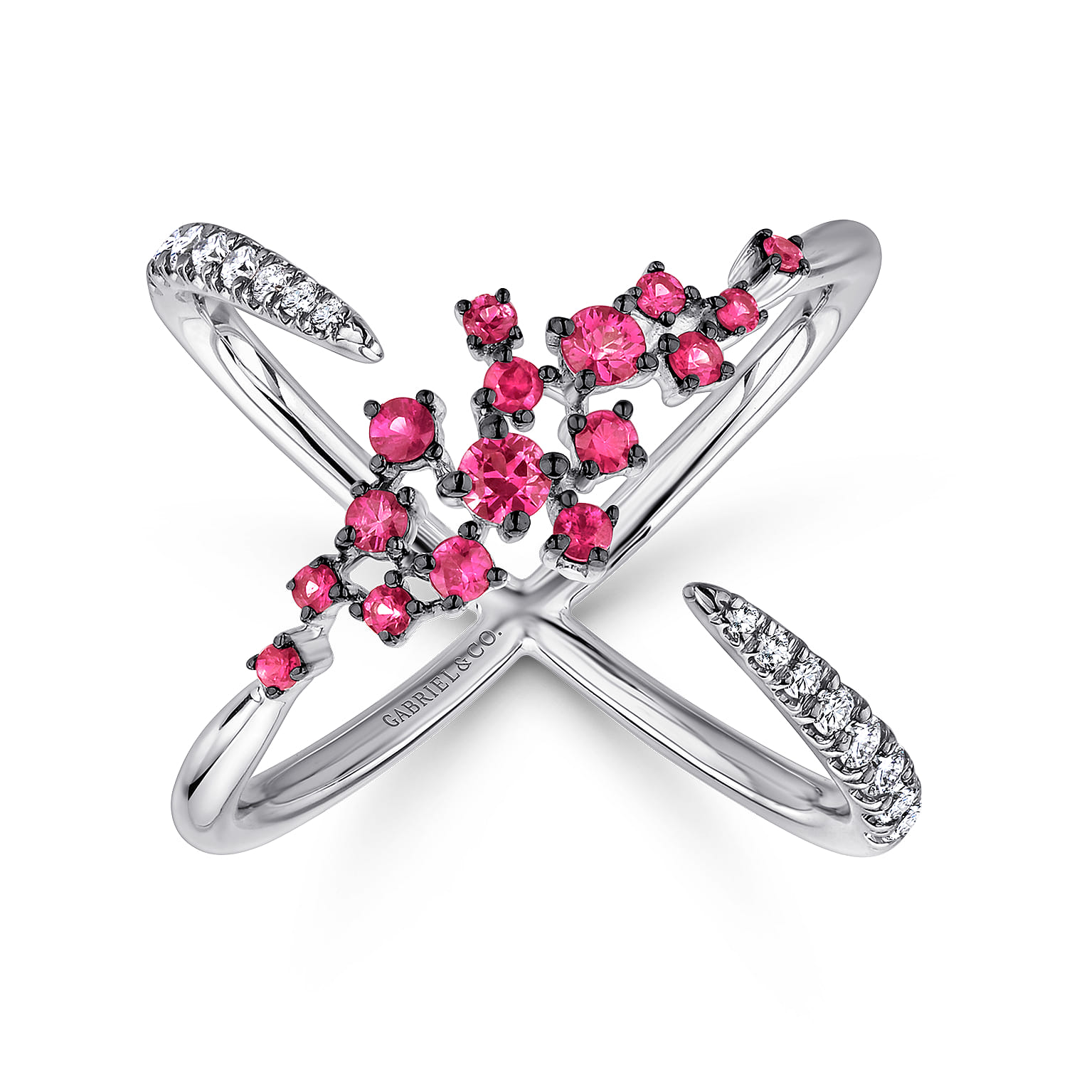 Modern Scattered Ruby and Diamond Open Ring in 14K White Gold, photograph 4
