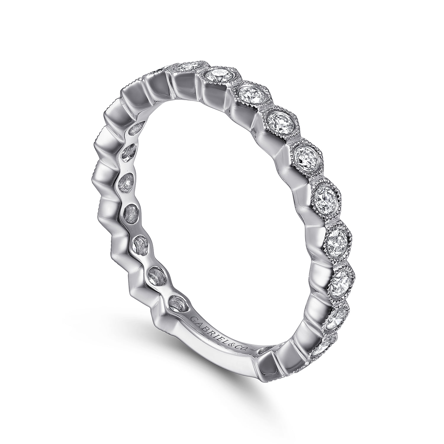 Hexagonal Station Stackable Diamond Ring in 14K White Gold, photograph 3